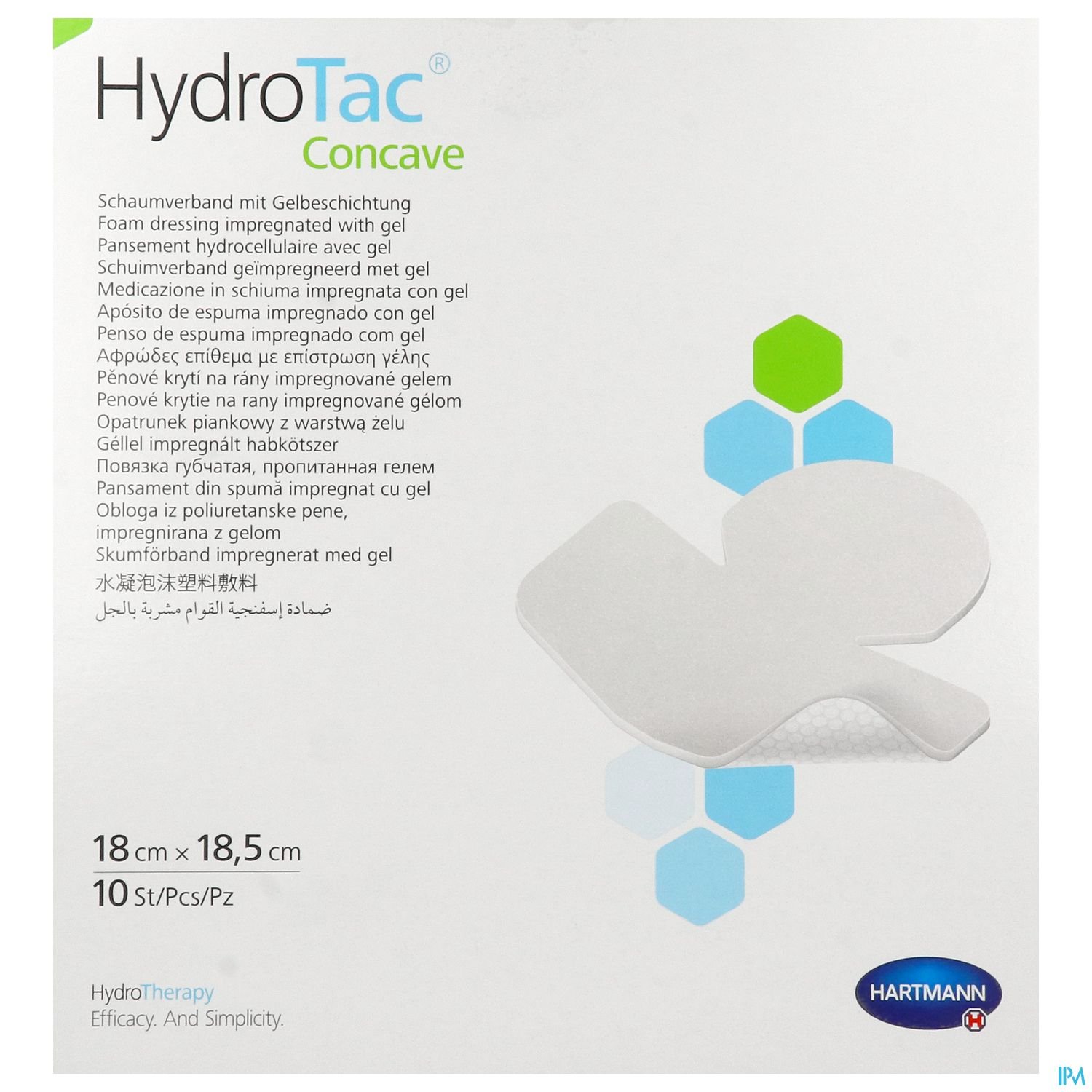 Produktverpackung für HydroTac Concave, Schaumverband mit Gelbeschichtung, Größe 18 cm x 18,5 cm, 10 Stück.