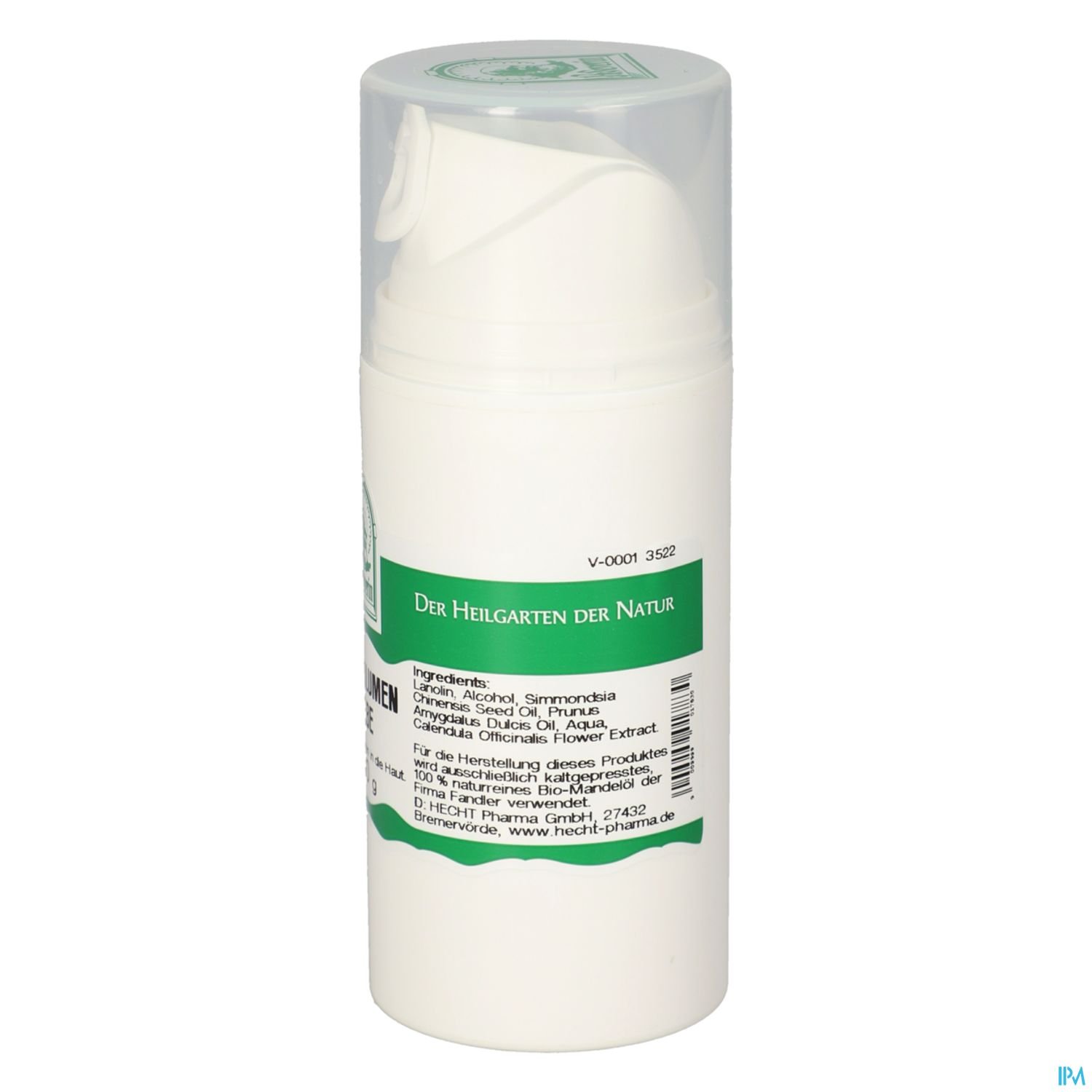 Spraydose mit grünem Etikett und Aufschrift „Der Heilgarten der Natur“, Zutaten und Anwendungshinweise auf der Rückseite.