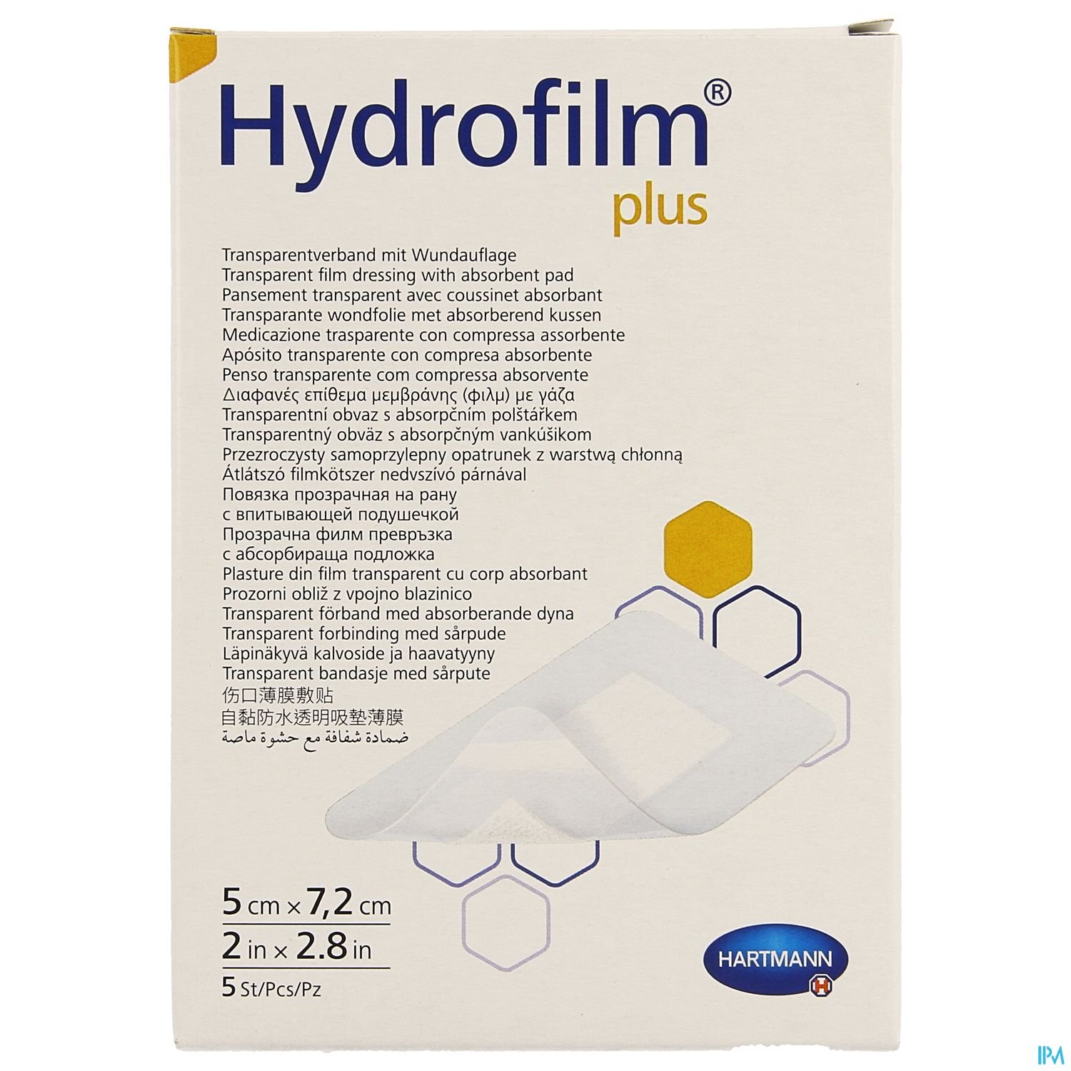 Packung mit Hydrofilm® plus transparentem Wundverband. Größe: 5 cm x 7,2 cm.