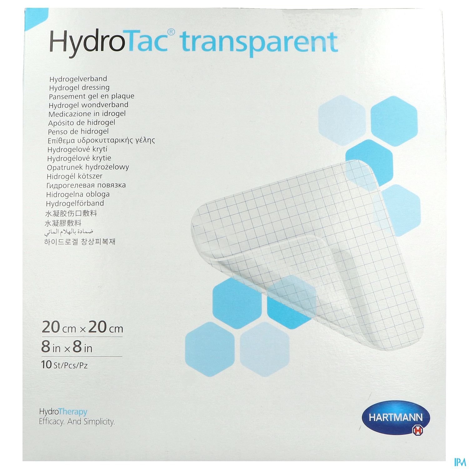Verpackung für HydroTac transparent, ein hydrogelbasiertes Wundverbandsprodukt, mit Abmessungen von 20 cm x 20 cm.