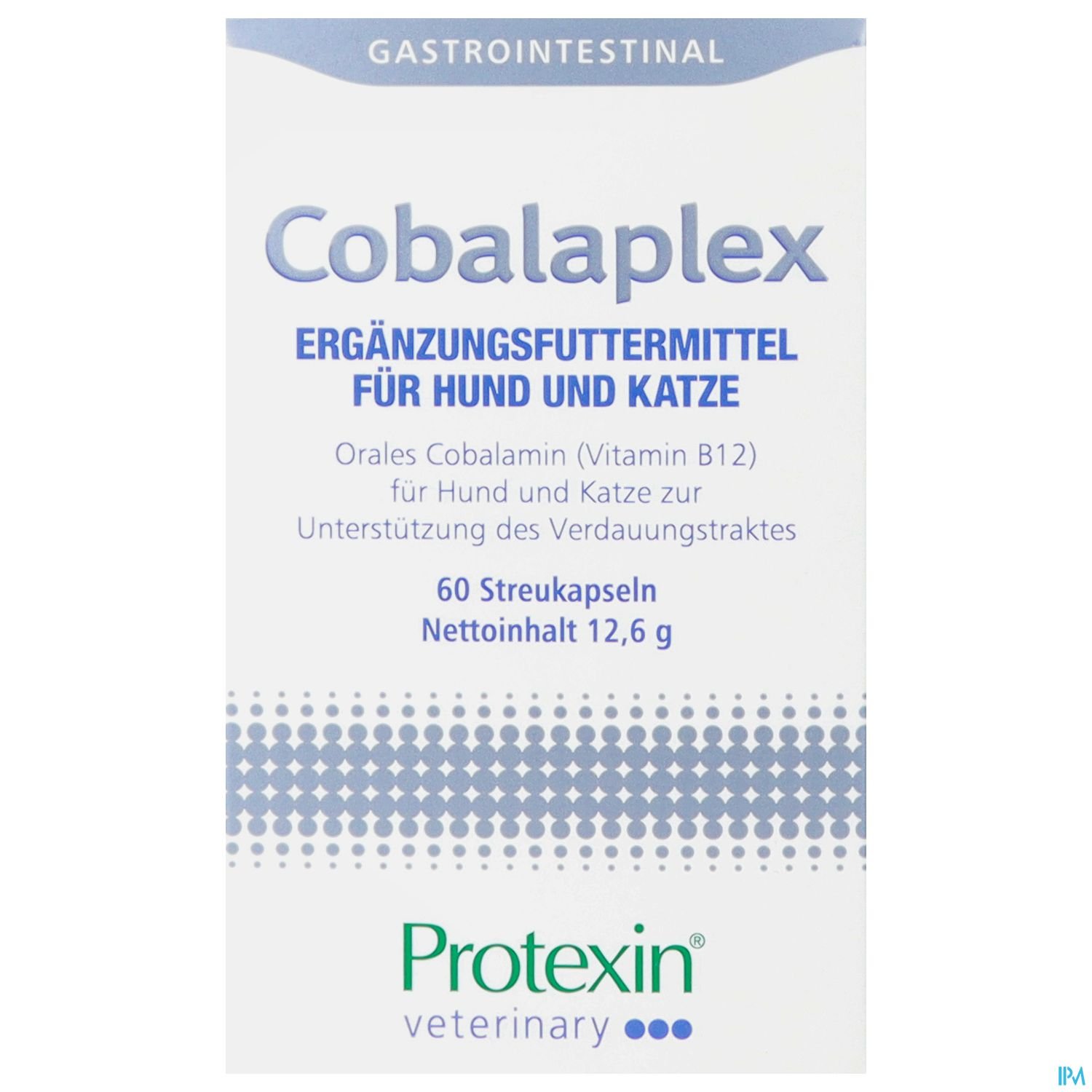 Produktverpackung von Cobalaplex, einem Ergänzungsfuttermittel für Hunde und Katzen, zur Unterstützung des Verdauungstraktes.