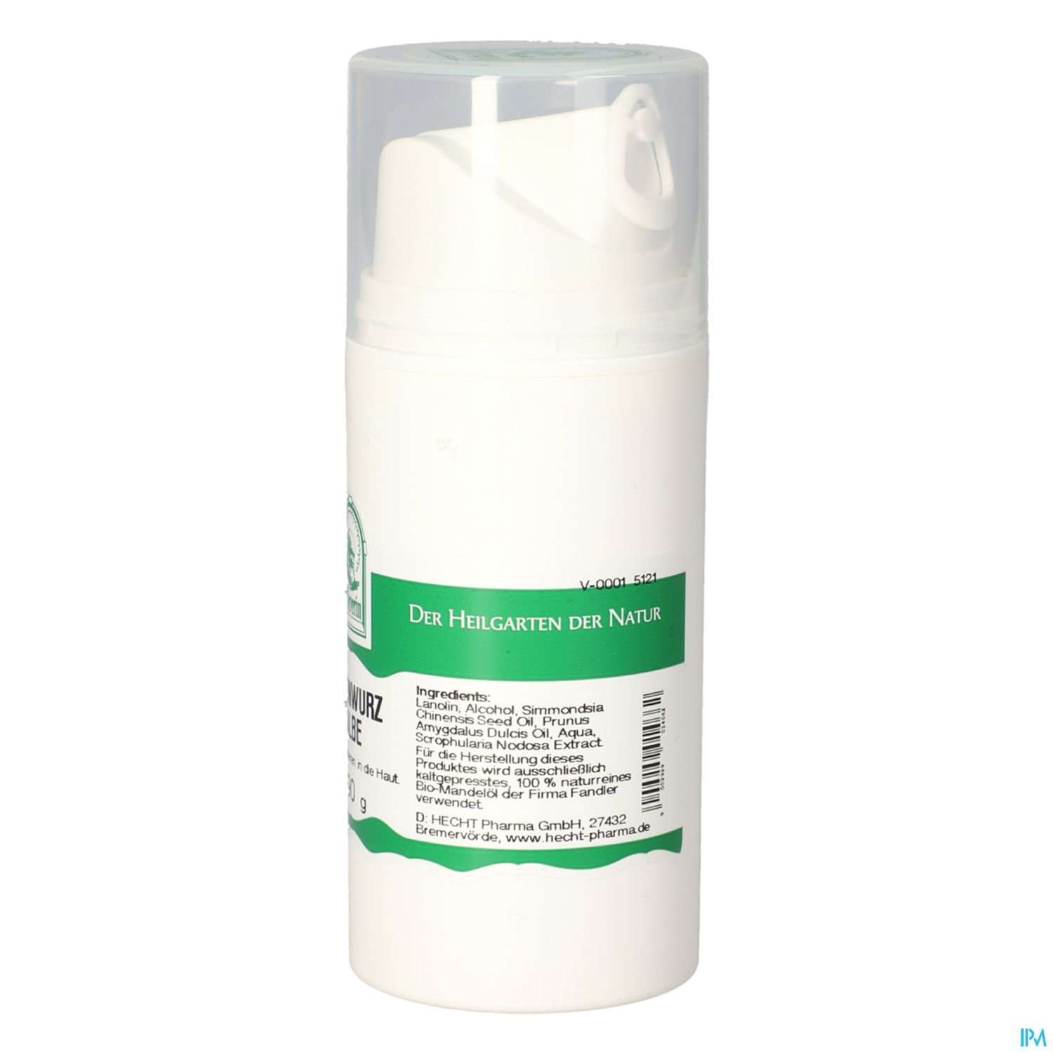 Abbildung eines weißen Spenders mit grüner Beschriftung, der die Aufschrift „Der Heilgarten der Natur“ und eine Zutatenliste zeigt.