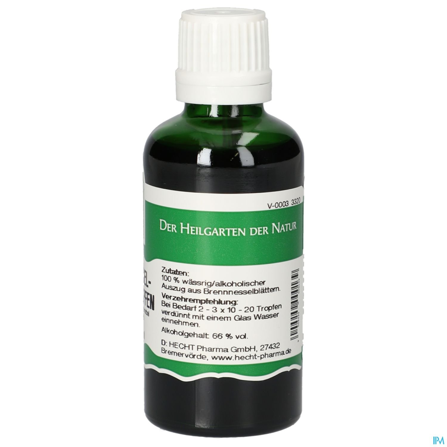 Flasche mit dunkelgrünem Etikett, enthält alkoholische Auszüge aus Brennnesselblättern, beschriftet mit "Der Heilgarten der Natur". Anweisungen zur Verdünnung und Bestandteilen auf dem Etikett.
