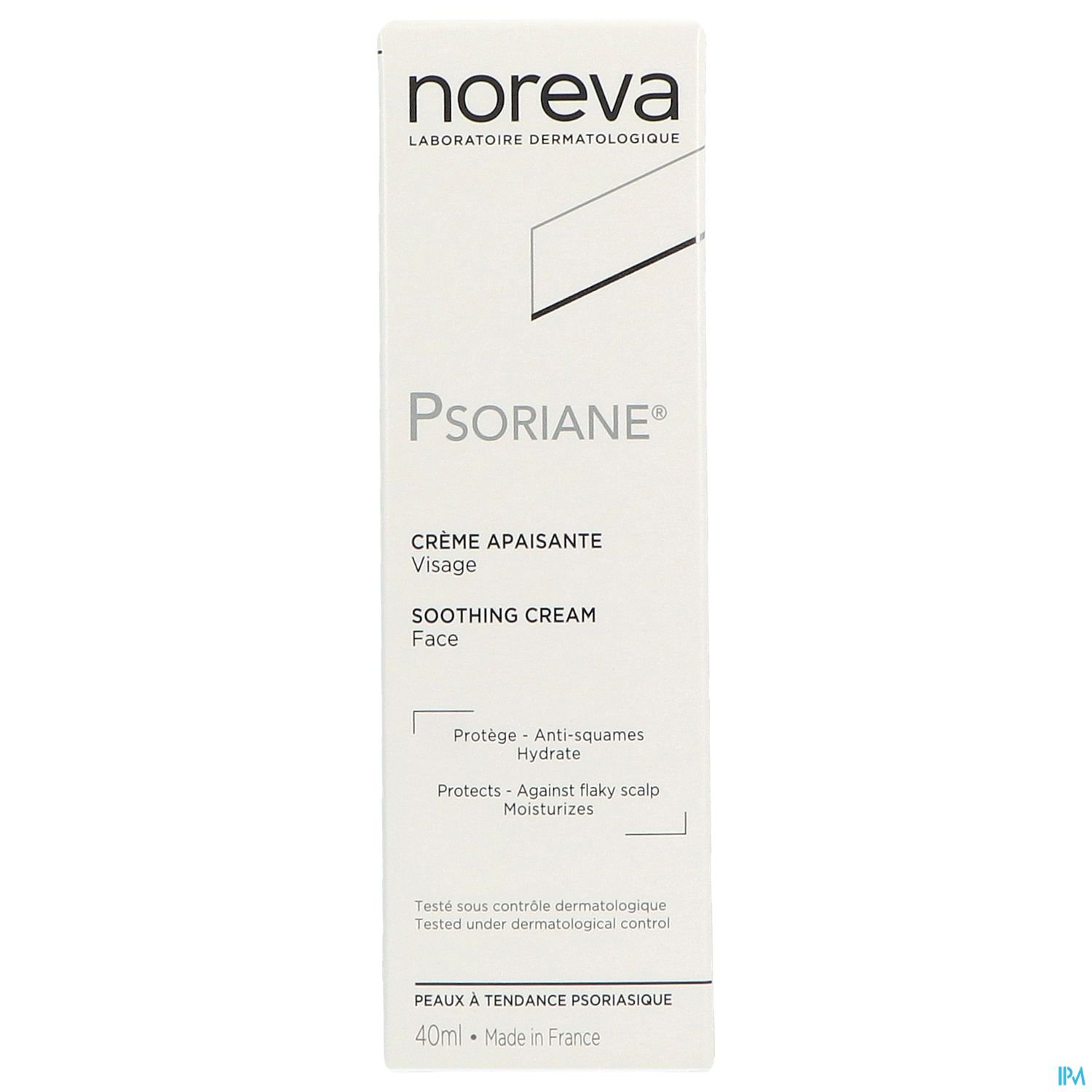 Verpackung der Noreva Psoriane Creme, 40 ml, zur Beruhigung von Haut und Kopfhaut.