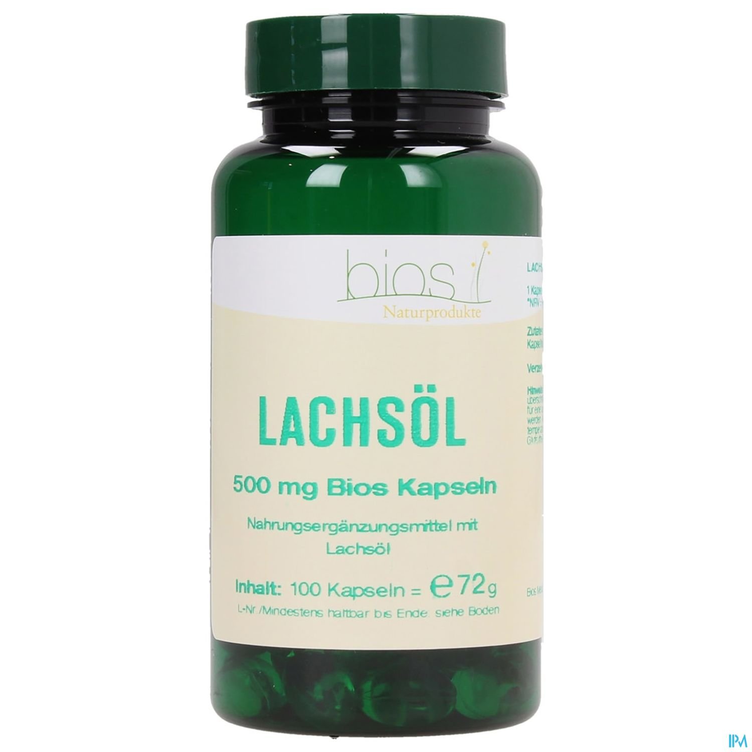 Grüner Flakon mit der Aufschrift "Lachsöl" und Angaben zu Inhalt und Dosierung von Nahrungsergänzungsmitteln.