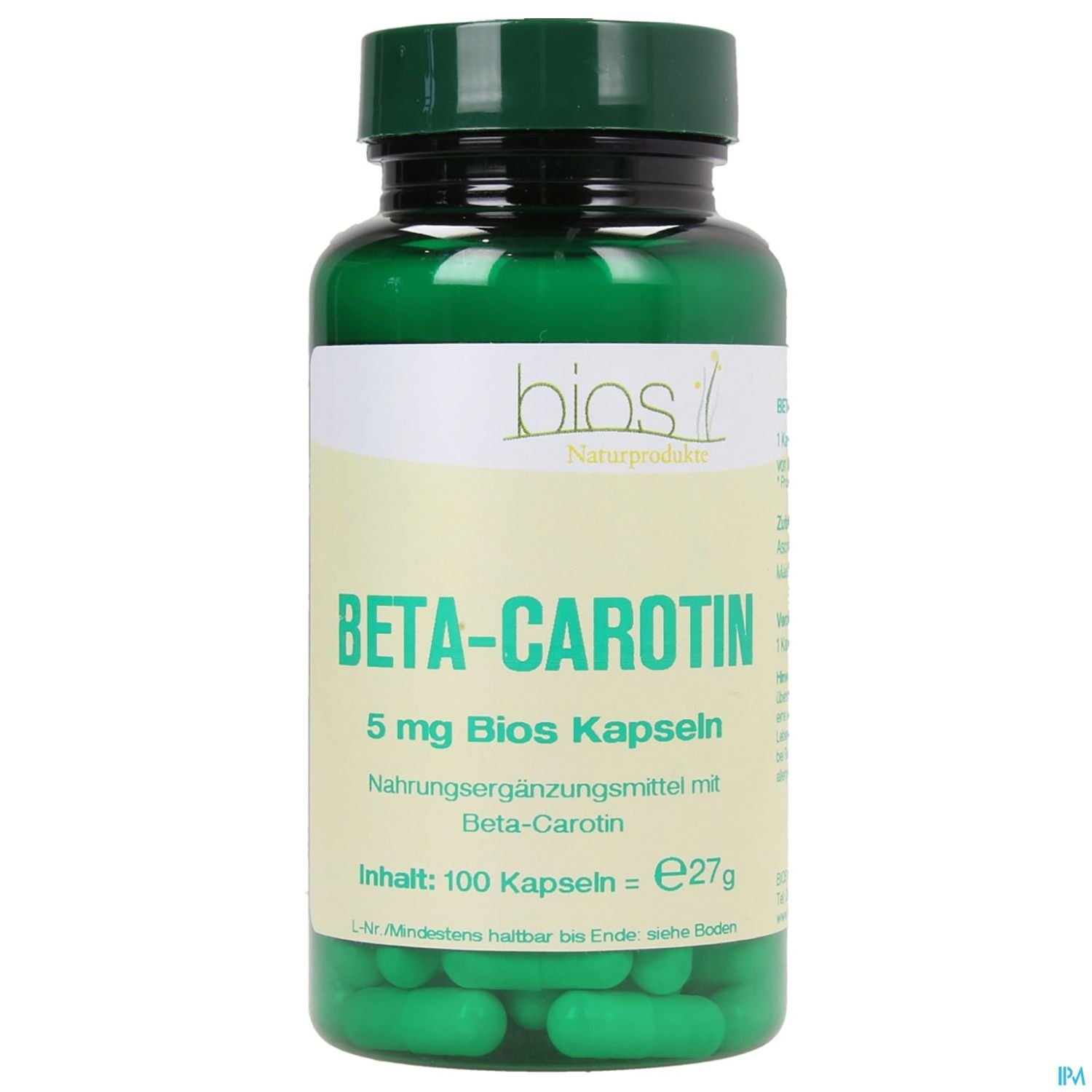 Grüne Kapseln in einem transparenten Behälter mit der Beschriftung "BETA-CAROTIN 5 mg Bios Kapseln" und "Inhalt: 100 Kapseln".