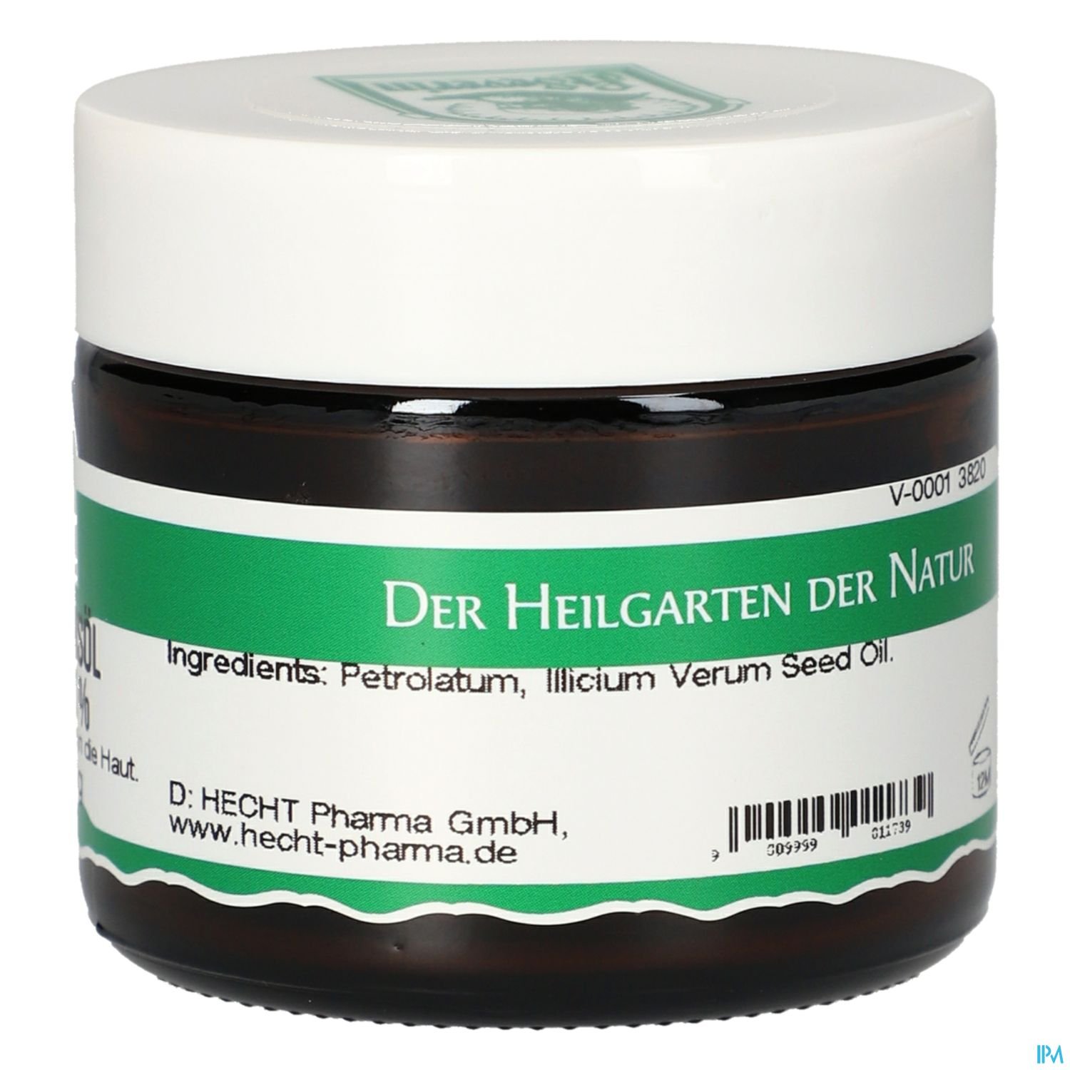 Ein Braunglasgefäß mit weißem Deckel, darauf steht der Text "DER HEILGARTEN DER NATUR" und die Inhaltsstoffe "Petrolatum, Illicium Verum Seed Oil".