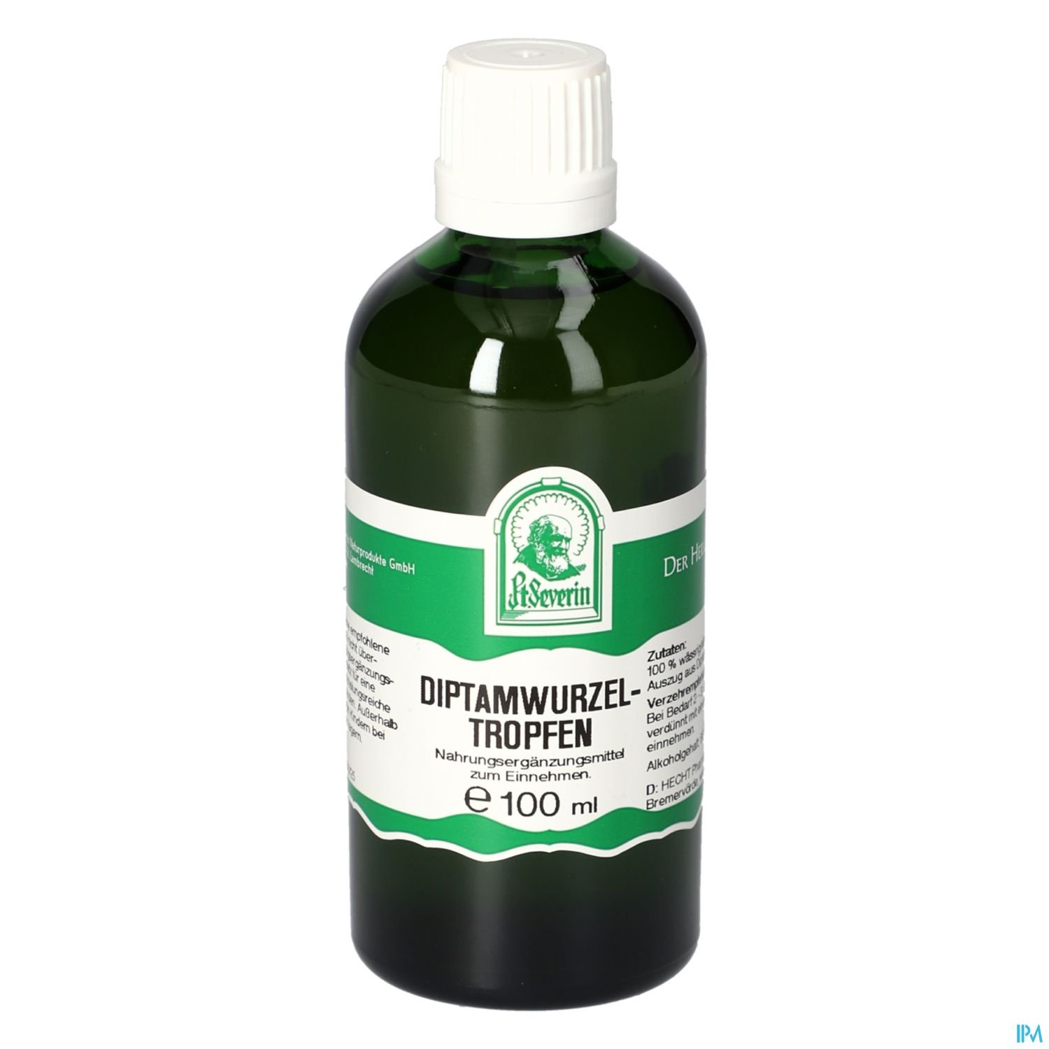 Flasche mit Diptamwurzel-Tropfen, 100 ml, auf grünem Hintergrund.