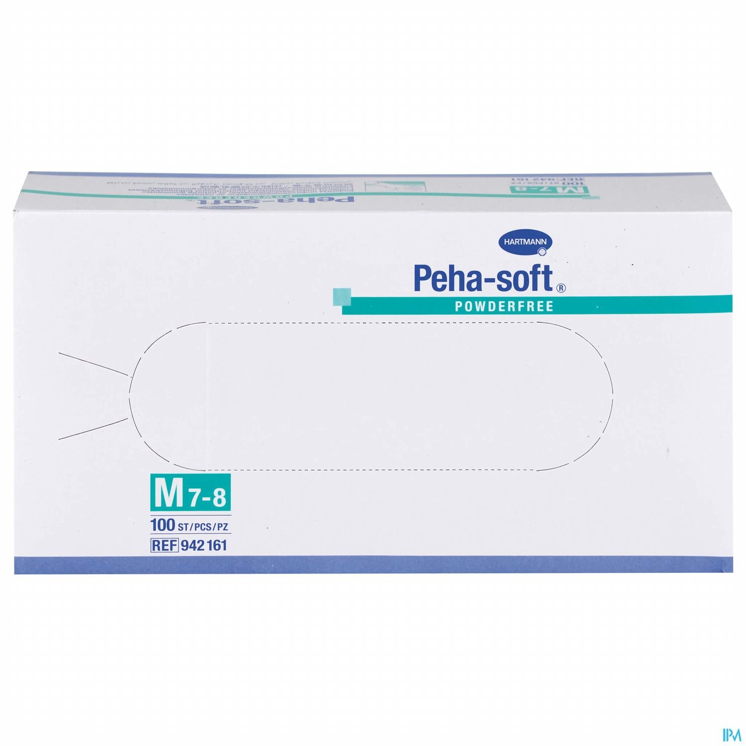 Verpackung von puderfreien Einweghandschuhen der Marke Peha-soft, Größe M 7-8, mit der Artikelnummer REF 942 161.