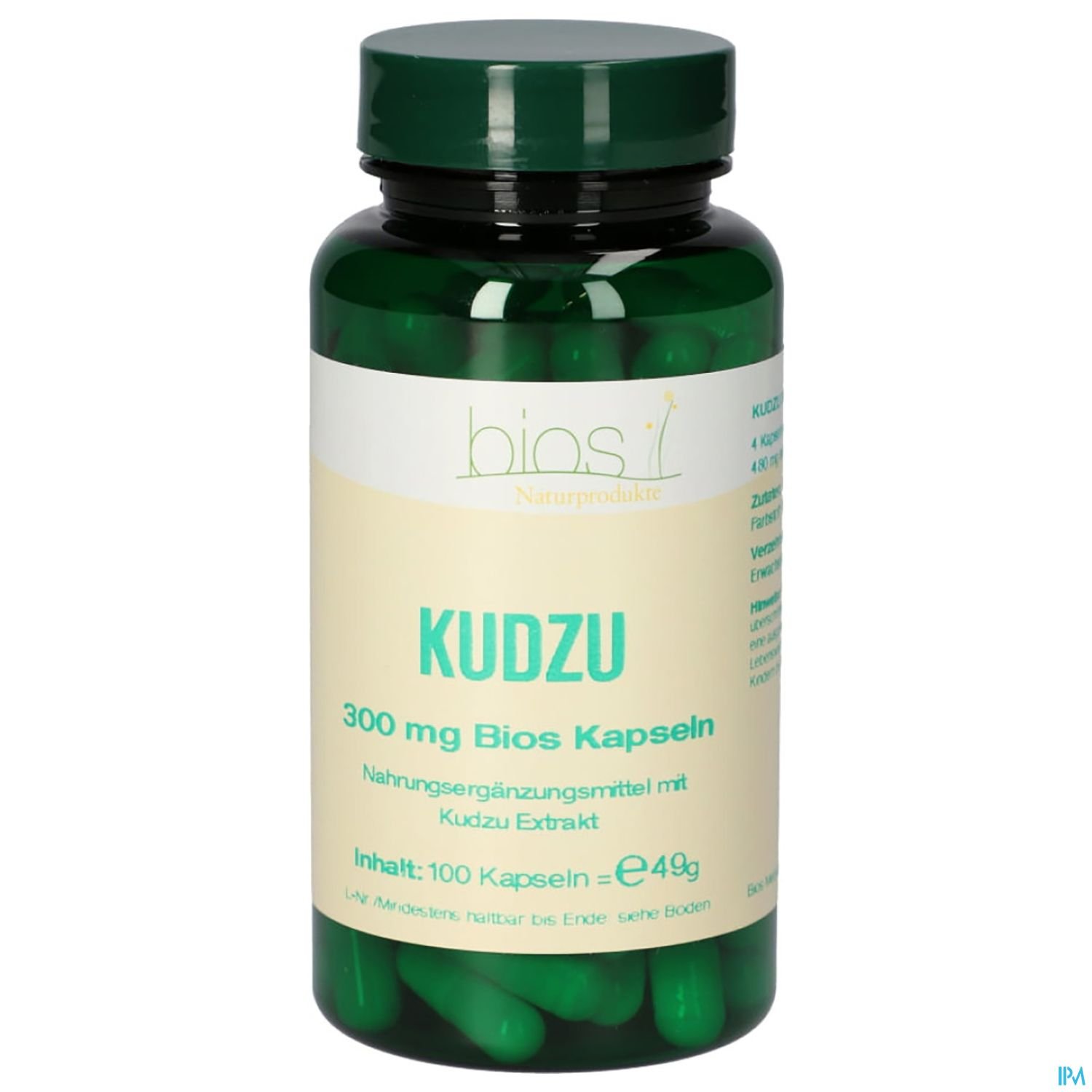 Grüne Kapseln in einem transparenten, grünen Behälter mit der Beschriftung "KUDZU 300 mg Bios Kapseln" und Angaben zu Inhalt und Preis.