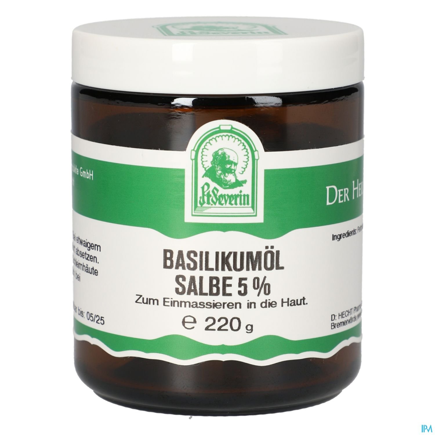 Braun-gläsernes Behältnis mit grünem Etikett, beschriftet mit "Basilikumöl Salbe 5 %", 220 g, zur Anwendung auf der Haut.