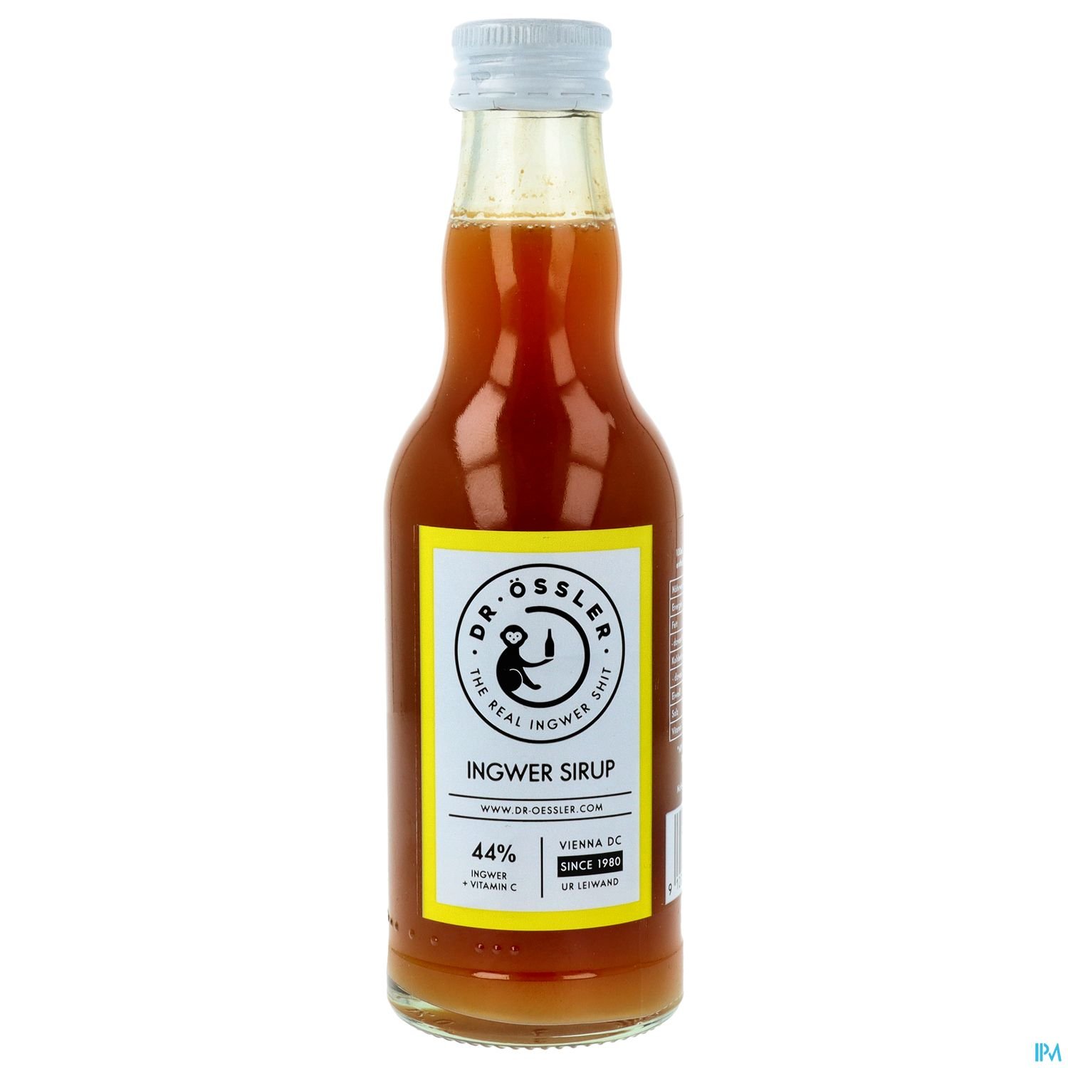 Flasche mit Ingwersirup der Marke Dr. Össler, 44% Vol., mit gelbem Etikett und einem Deckel.