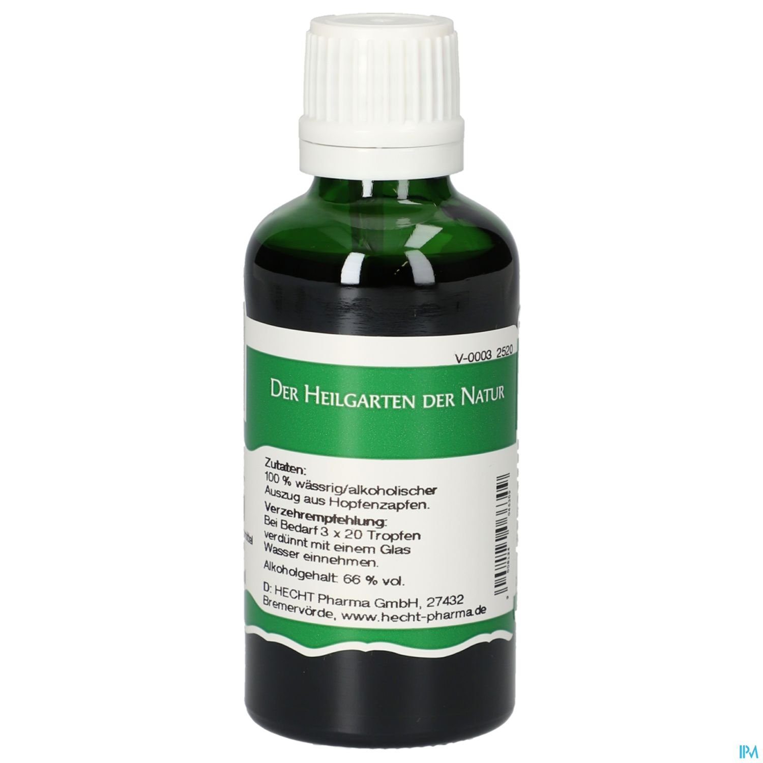 Grüne Flasche mit weißem Schraubverschluss und Etikett, beschriftet mit „Der Heiliggarten der Natur“ und Inhaltsstoffen.