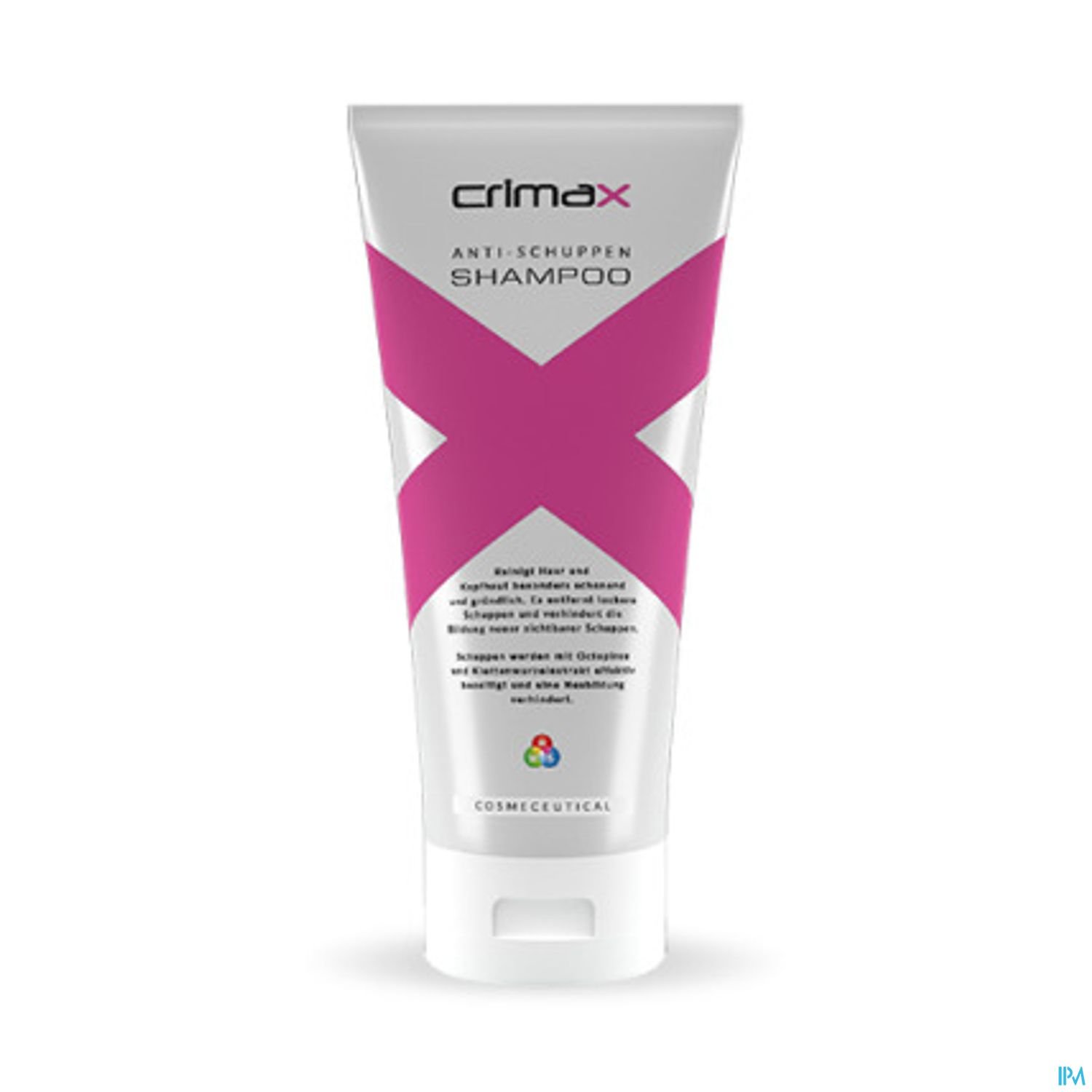 Tube mit Anti-Schuppen Shampoo der Marke "crimax", weiß mit pinkem X und schwarzem Text.