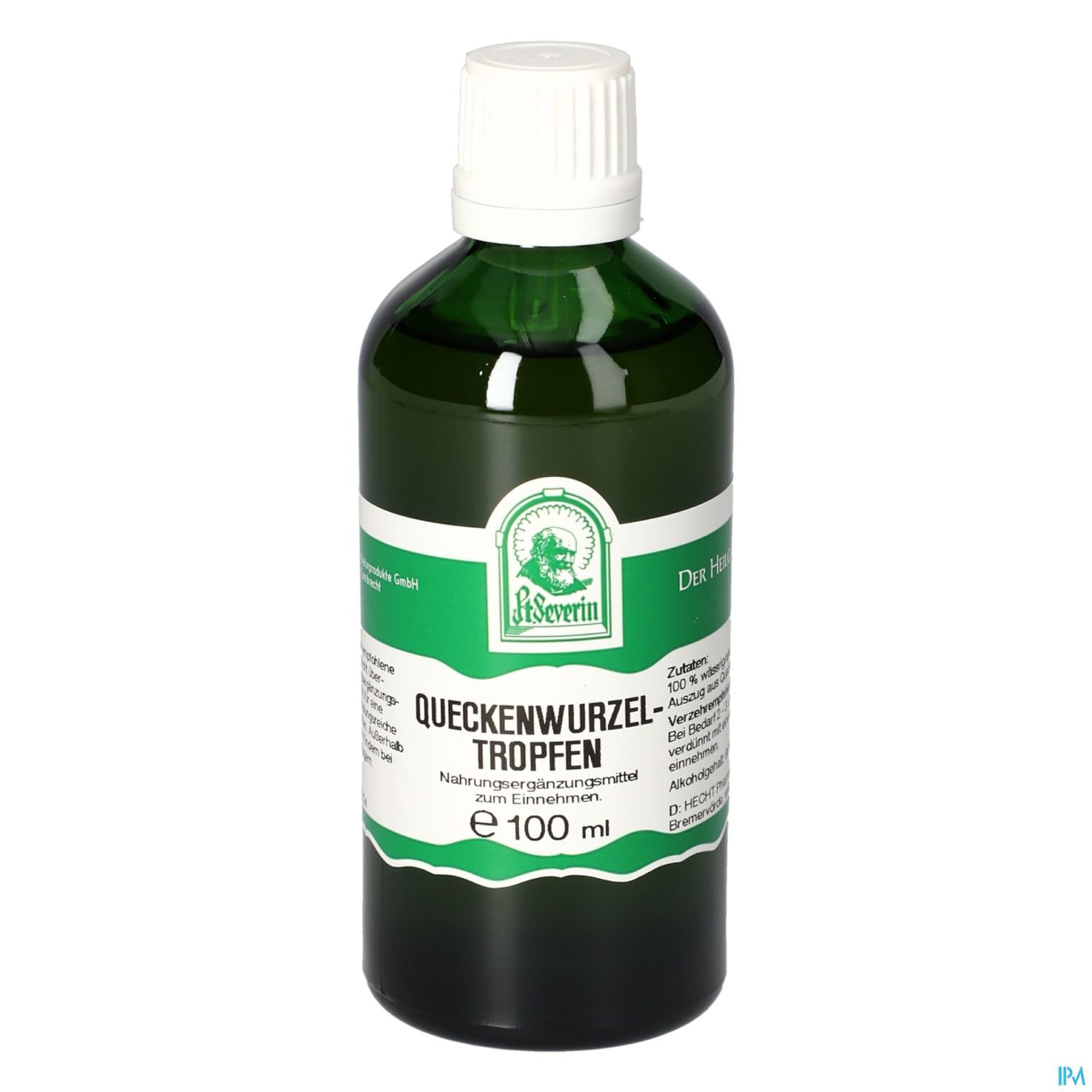 Grüne Flasche mit Inhalt von 100 ml Queckenwurzel-Tropfen, Etikett in Weiß und Grün.
