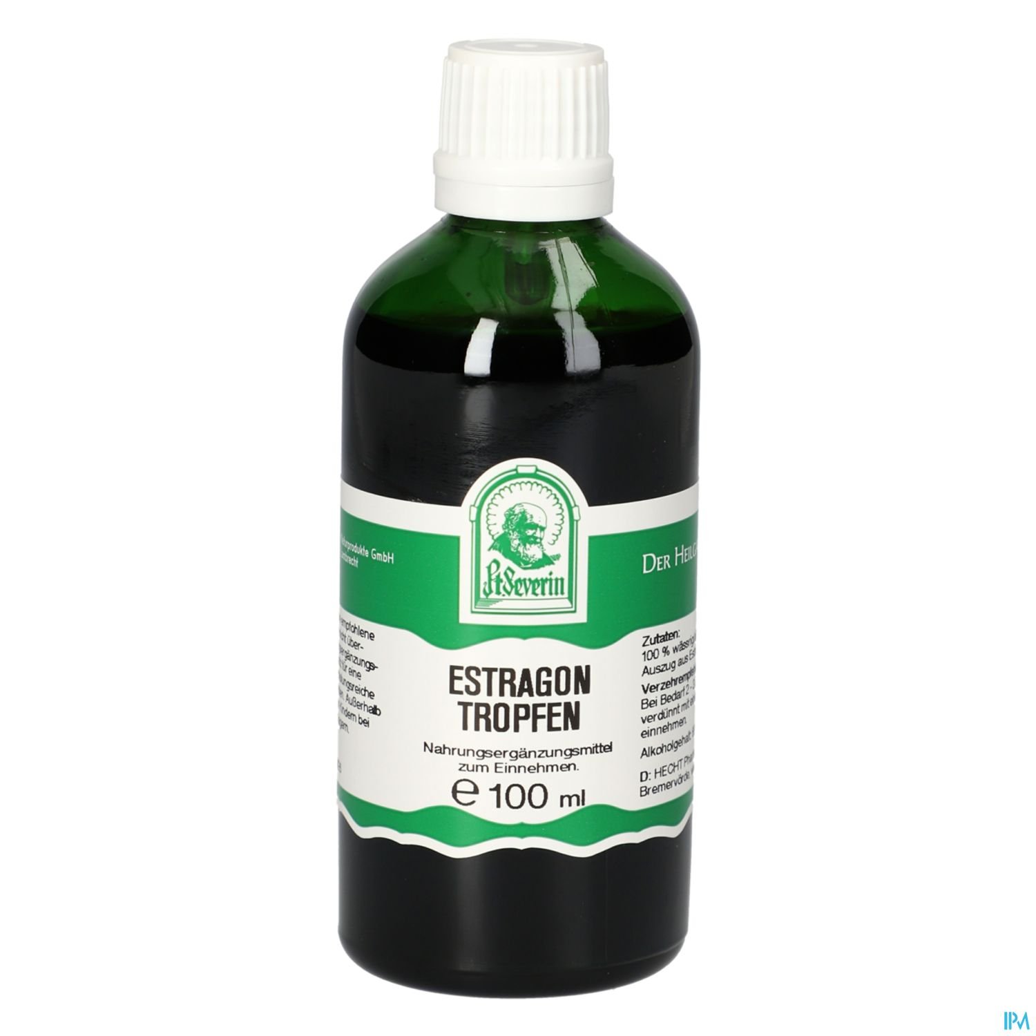 Flasche mit Estragon-Tropfen, Inhalt 100 ml, mit grünem Etikett und weißen Deckel.