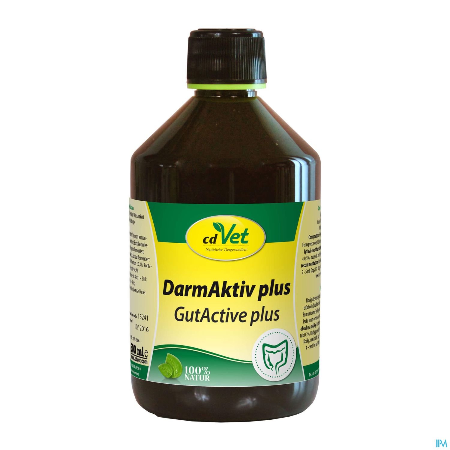 Flasche mit dem Etikett "DarmAktiv plus" von cdVet, 300 ml, grüne und gelbe Farbgestaltung.