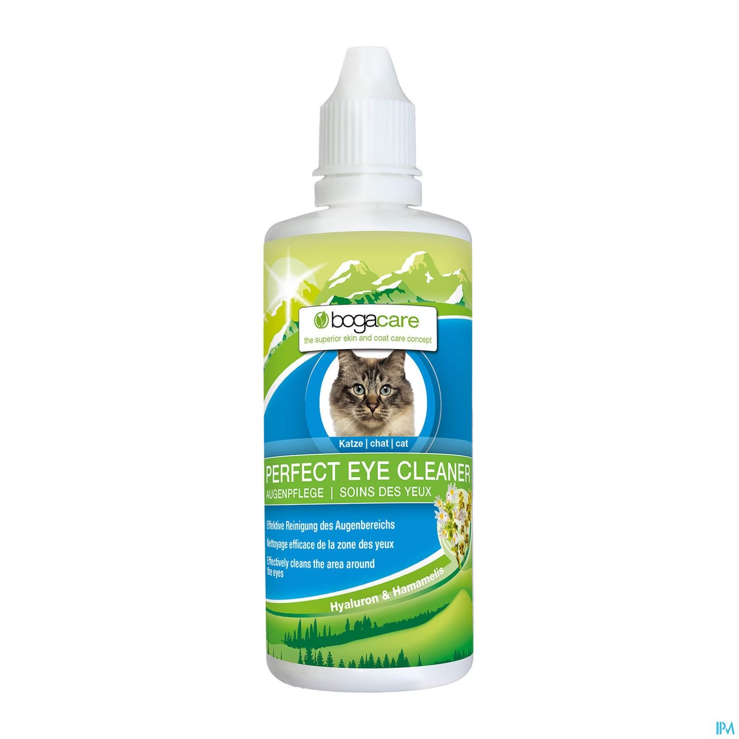 Flasche mit Augenpflege für Katzen, beschriftet mit "Perfect Eye Cleaner", auf einem Hintergrund von Berglandschaft.