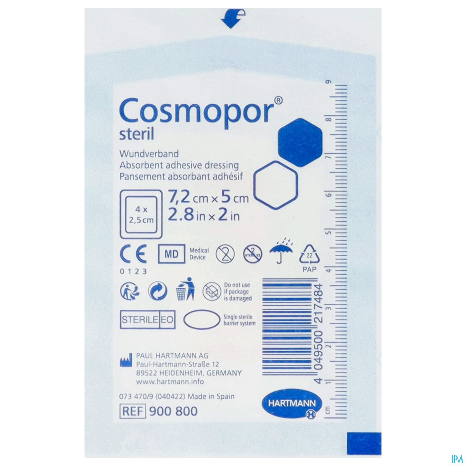 Verpackung eines Wundverbands namens Cosmopor, 7,2 cm x 5 cm, mit Informationen zur Anwendung und Eigenschaften.