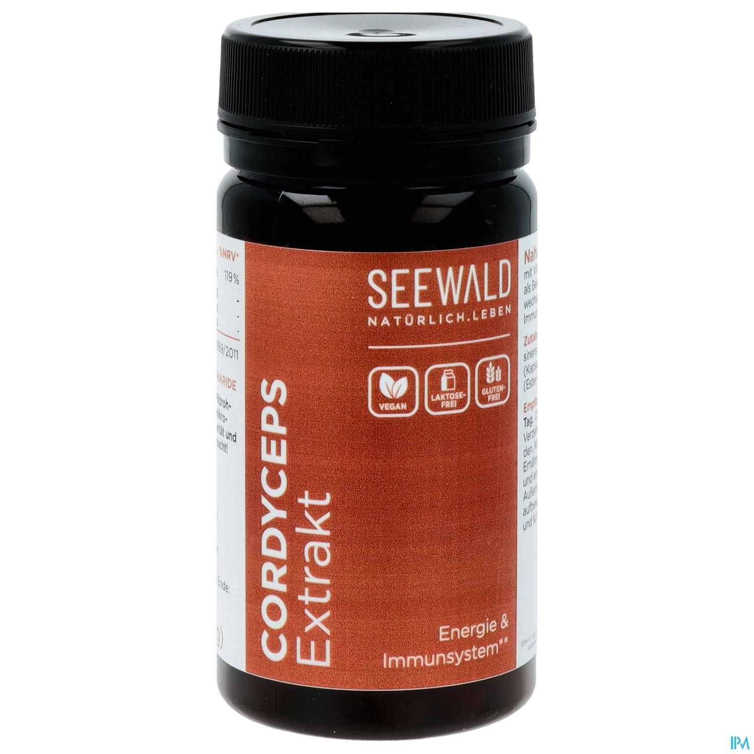 Schwarzer Flakon mit roter Etikettierung für Cordyceps Extrakt, Marke Seewald, mit Hinweisen auf vegan, laktosefrei und glutenfrei, sowie Angaben zur Verwendung für Energie und Immunsystem.