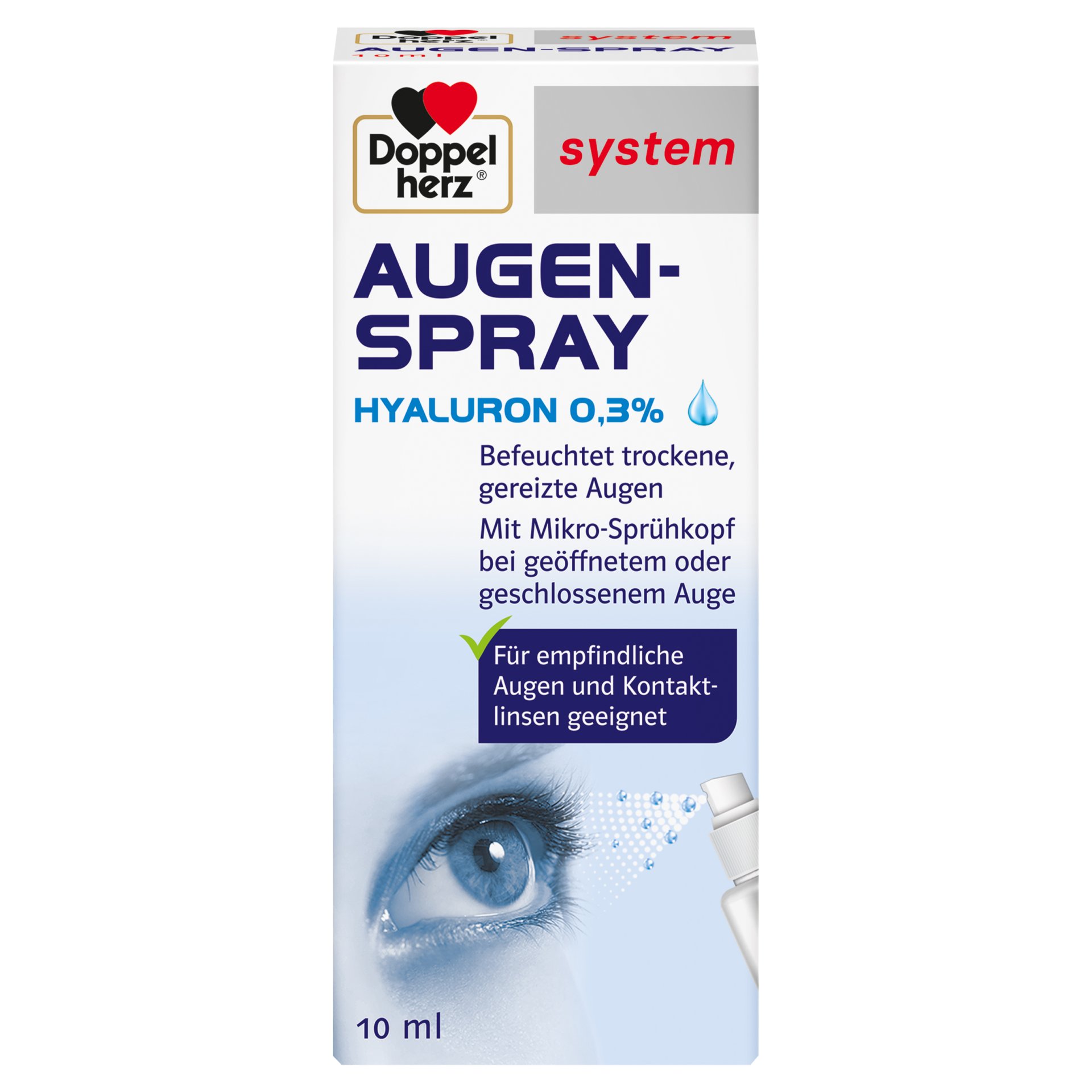 Produktverpackung für Doppelherz Augenspray, 10 ml, mit Hinweis auf Hyaluron 0,3% und Anwendungsinformationen für empfindliche Augen und Kontaktlinsen.
