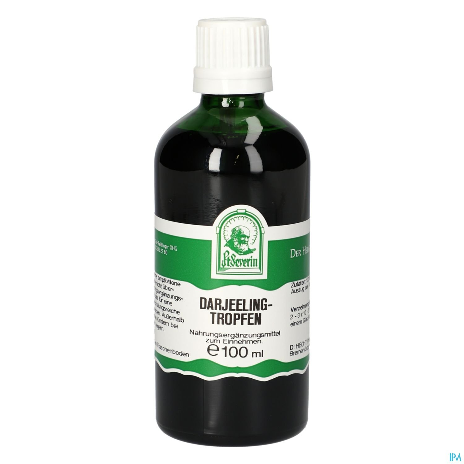 Grüne Flasche mit dunkelgrünem Etikett, beschriftet mit "Darjeeling-Tropfen" und Informationen zur Verwendung als Nahrungsergänzungsmittel.