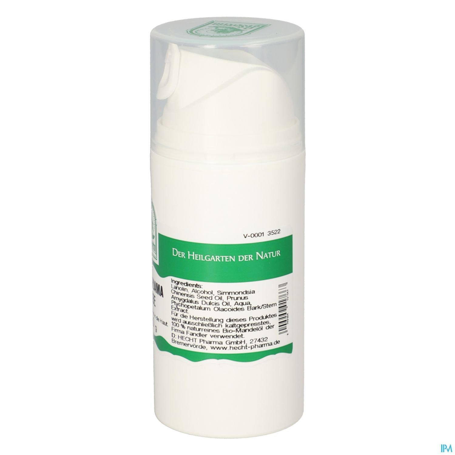 Packung mit Pumpspender für Hautpflegeprodukt, beschriftet mit Übertext "Der Heilgarten der Natur" und Inhaltsstoffen.