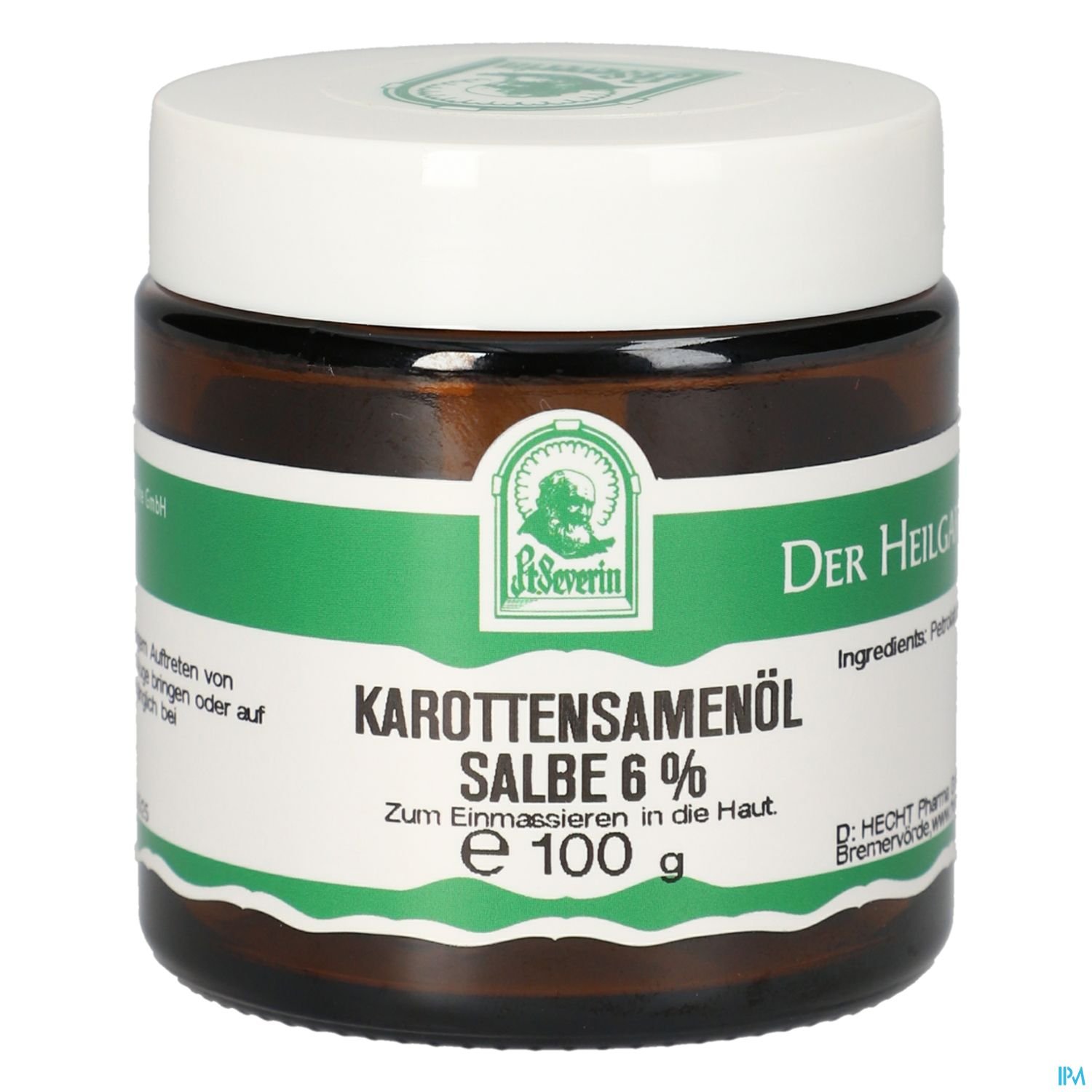 Braune Glastiegel mit grüner Etikettierung, enthält Karottensamenöl-Salbe 6 %, 100 g, zum Einmassieren in die Haut.