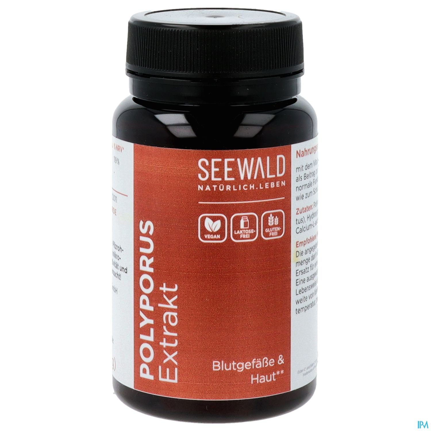 Schwarze Flasche mit einem Etikett, das "Polyporus Extrakt" und "SEEWALD NATÜRLICH.LEBEN" zeigt, sowie Informationen zu den Inhaltsstoffen und der Anwendung.