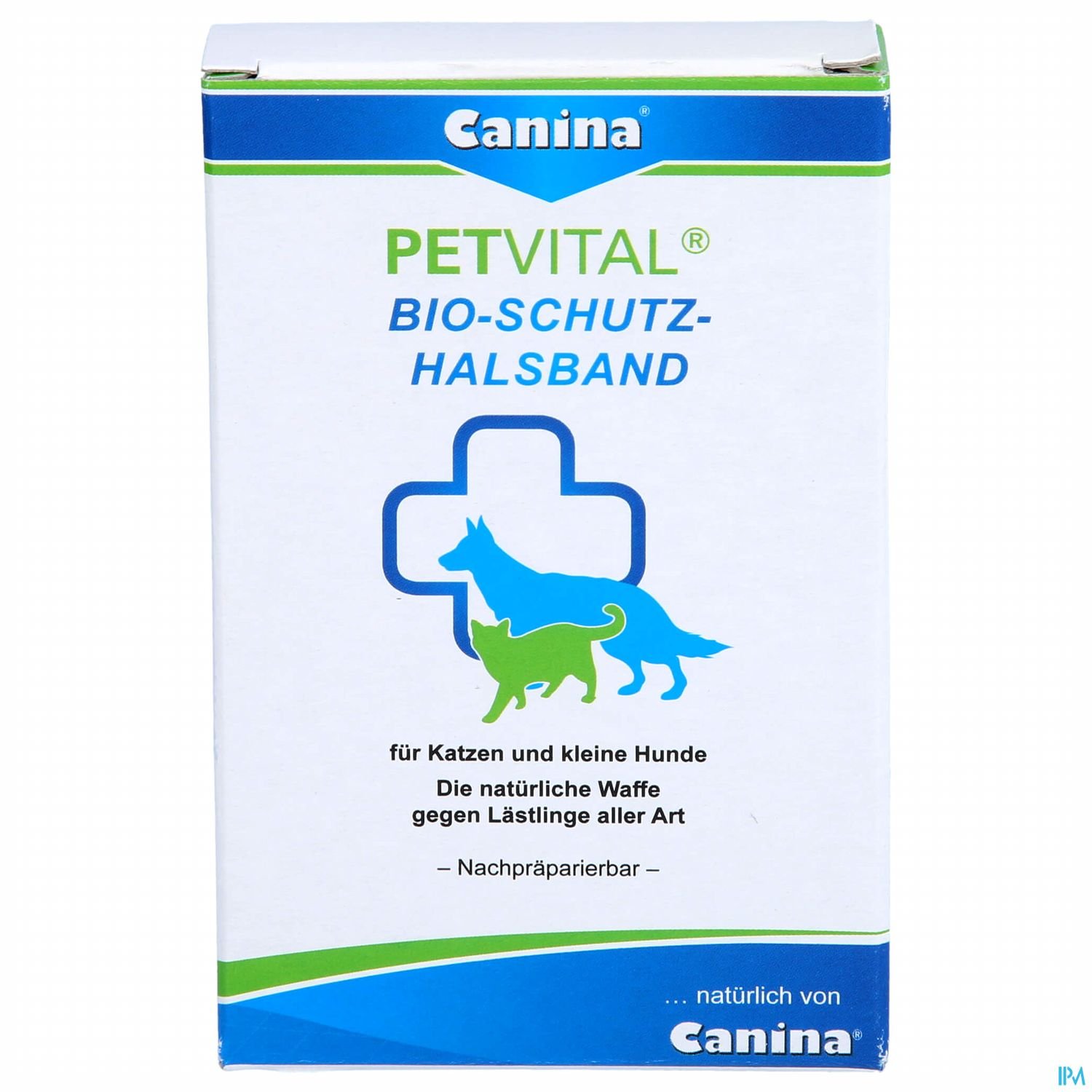 Packung eines Bio-Schutz-Halsbandes von Canina für Katzen und kleine Hunde.