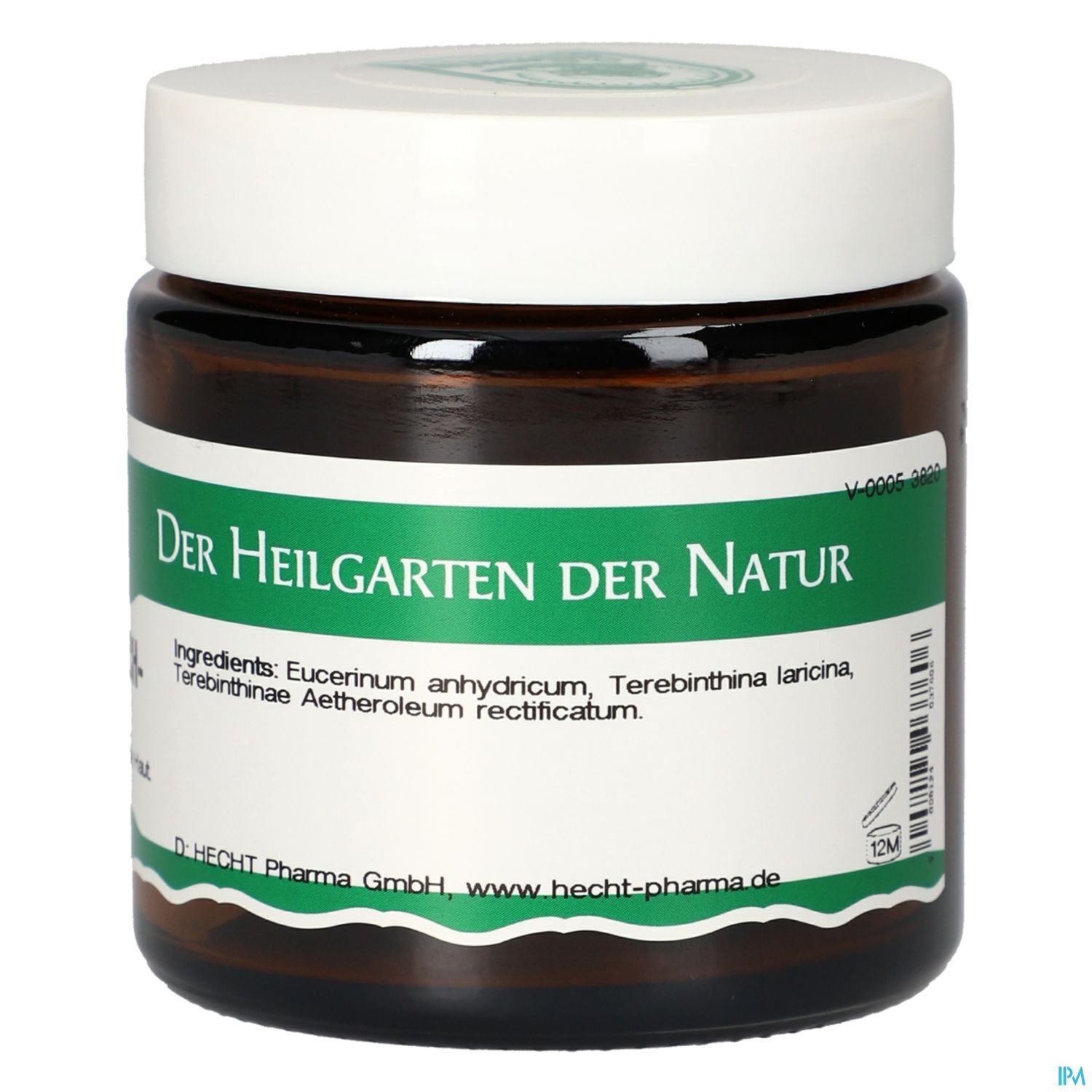 Brauner Glasbehälter mit weißem Deckel und grünem Etikett, beschriftet mit „Der Heilgarten der Natur“ und Inhaltsstoffen.