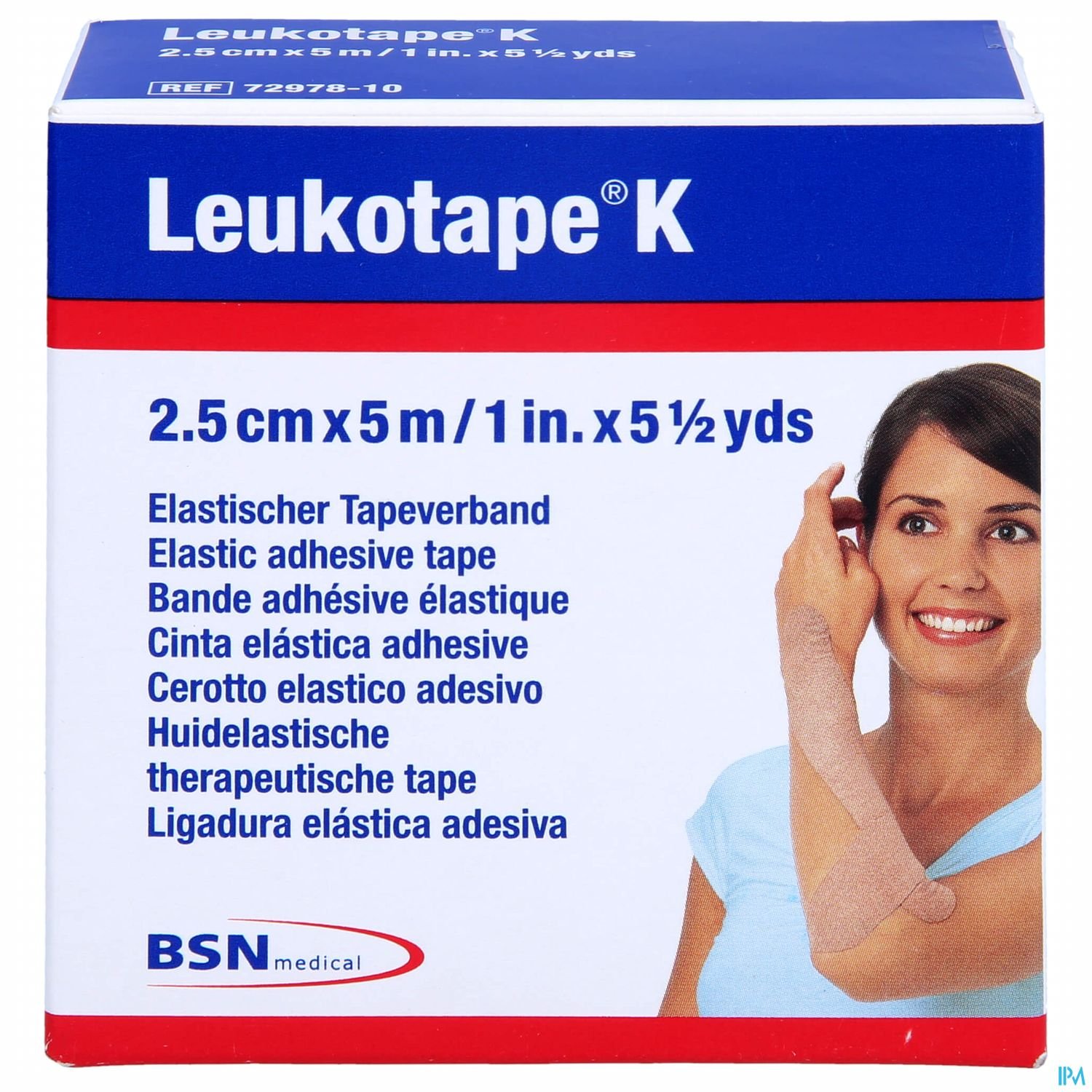 Verpackung von Leukotape K, elastischem Tape, mit Angabe zur Breite und Länge sowie mehrsprachiger Beschreibung.