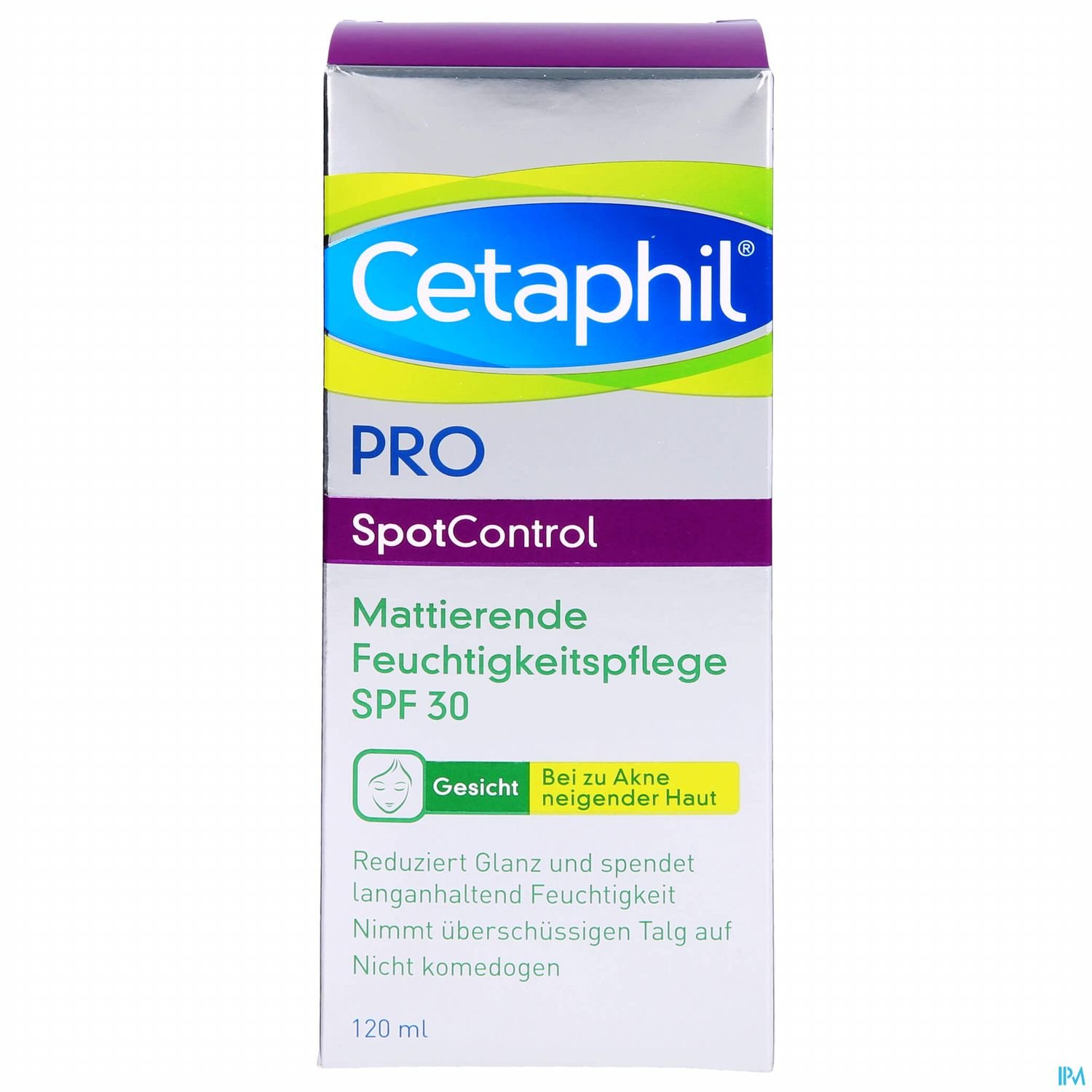 Flasche mit Cetaphil PRO SpotControl, mattierende Feuchtigkeitspflege mit SPF 30 für zu Akne neigende Haut, 120 ml.