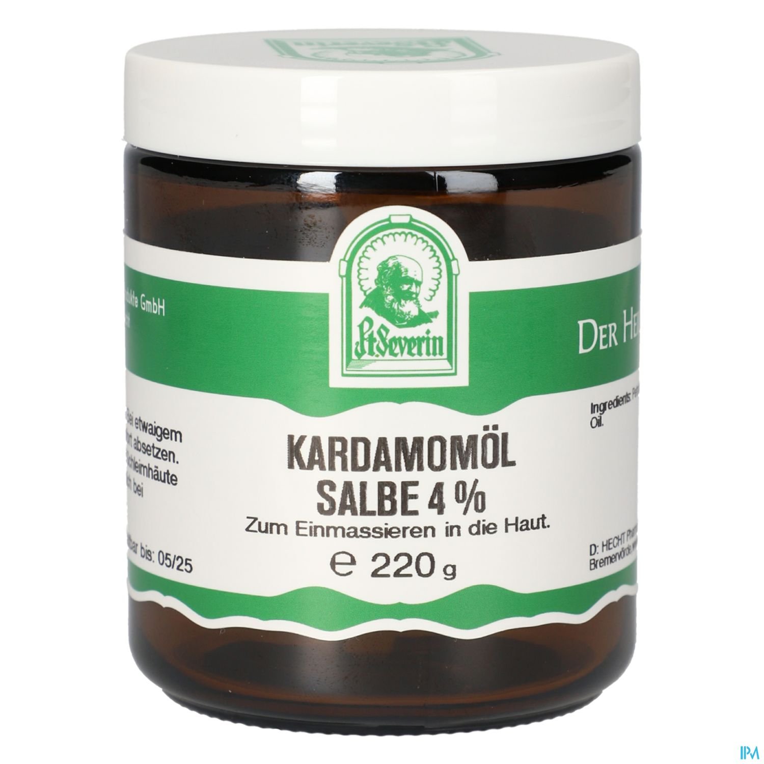 Brauner Glasbehälter mit grünem Etikett, der Kardamomöl-Salbe 4 % enthält, 220 g.