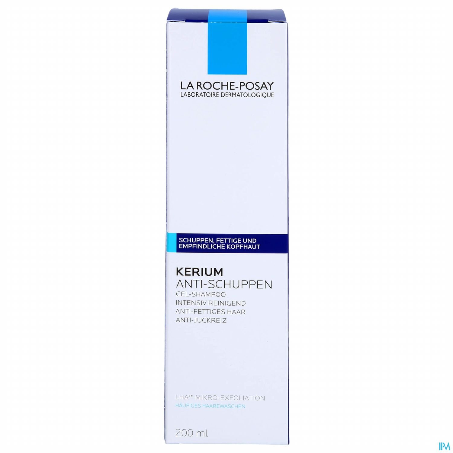 Produktverpackung von La Roche-Posay Kerium Anti-Schuppen Gel-Shampoo mit Beschreibung für die Anwendung gegen Schuppen und Juckreiz, 200 ml.