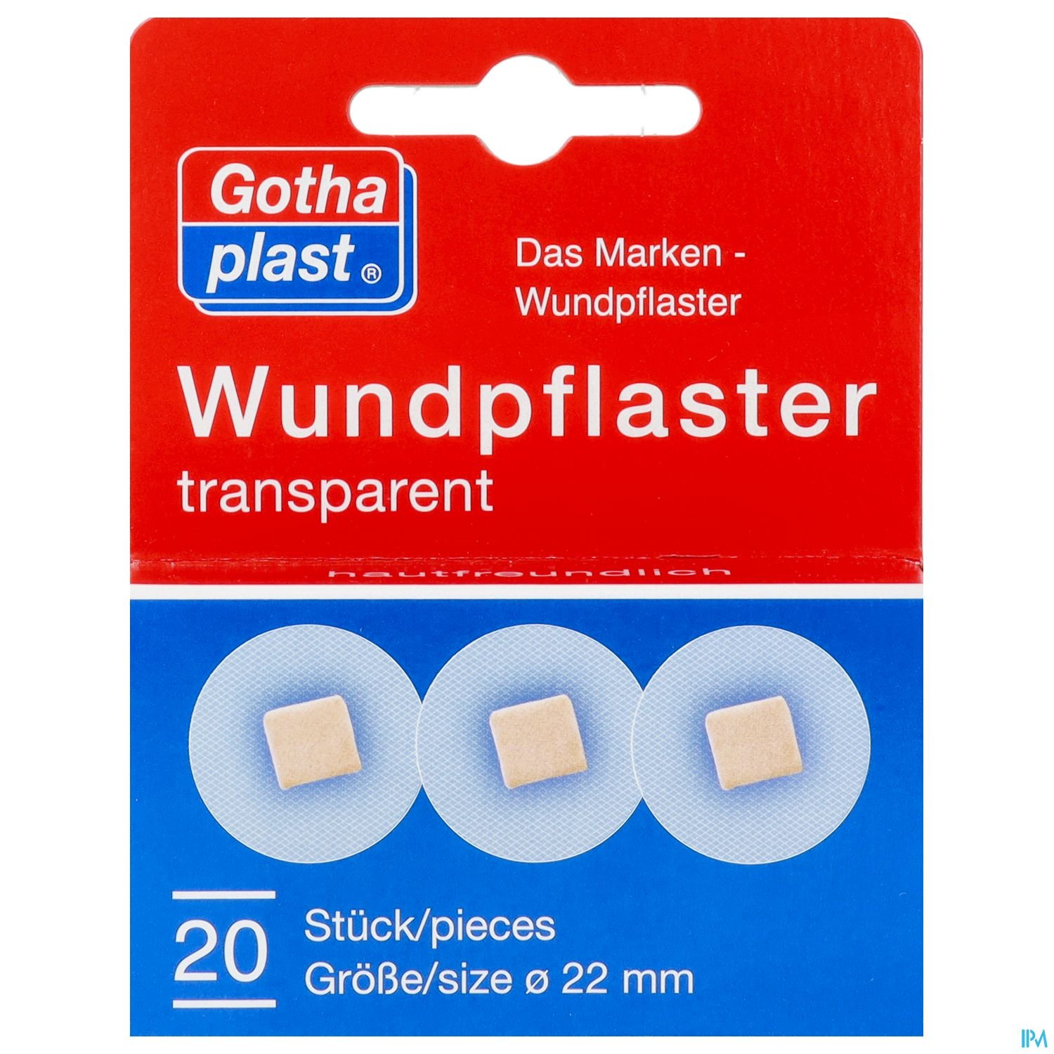 Verpackung mit 20 transparenten Wundpflastern der Marke Gothaplast, Größe 22 mm.