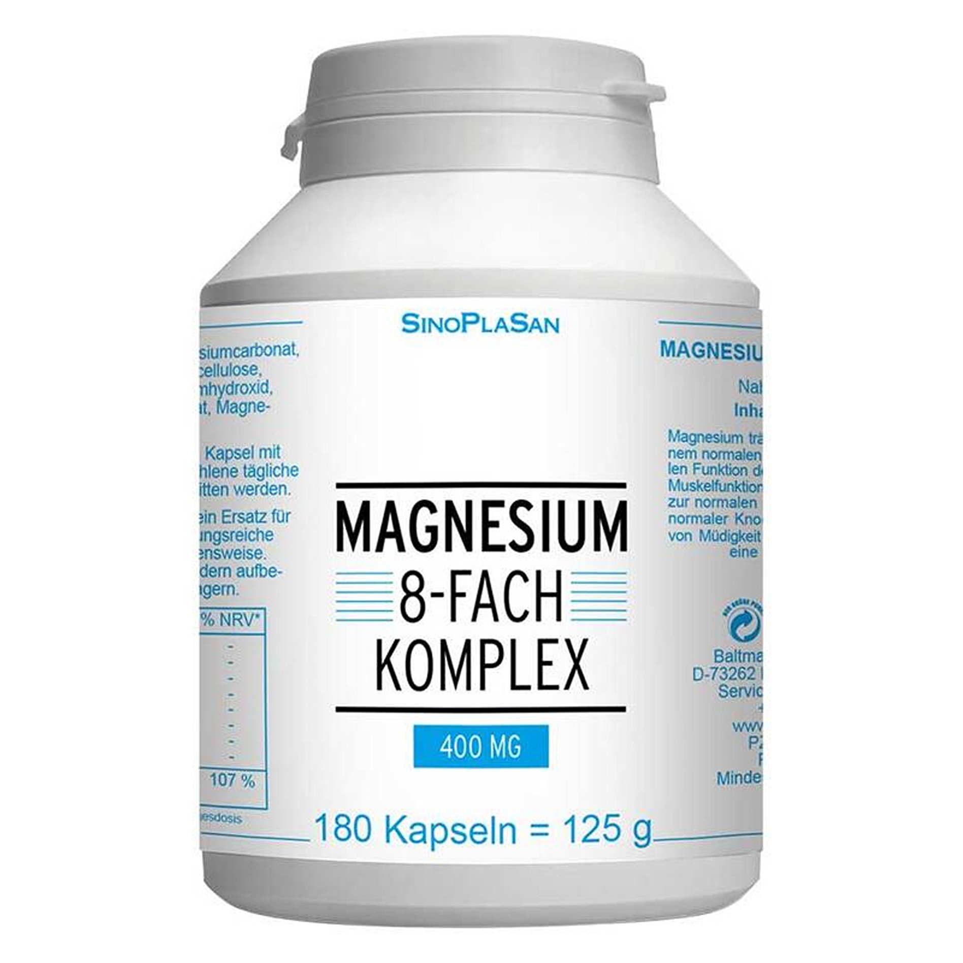 Weißer Kunststoffbehälter mit einer blauen und schwarzen Etikettierung, beschriftet mit "Magnesium 8-FACH KOMPLEX 400 MG" und Informationen über die Kapseln.