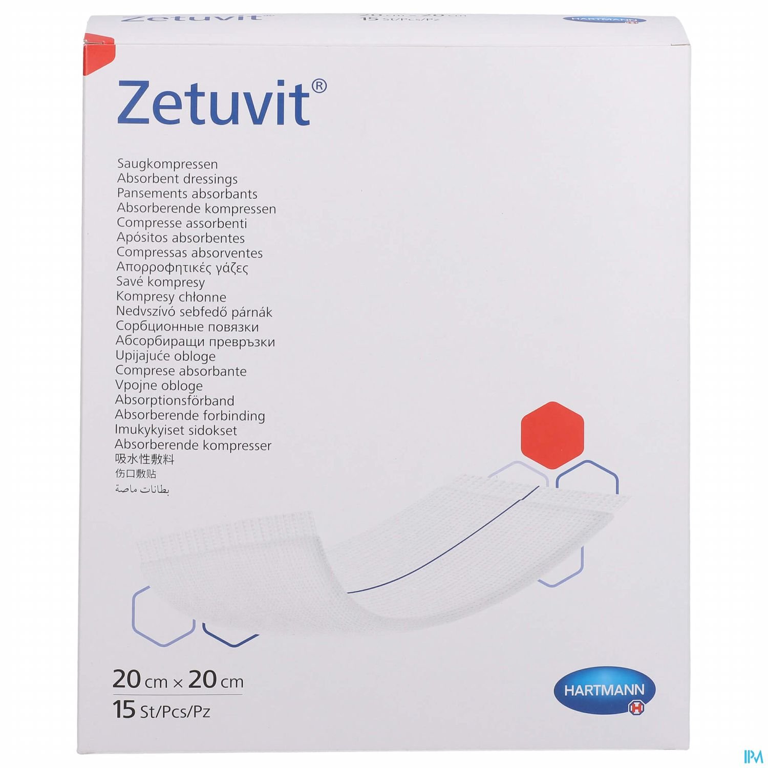 Packung mit Zetuvit Saugkompressen, 20 cm x 20 cm, enthält 15 Stück.