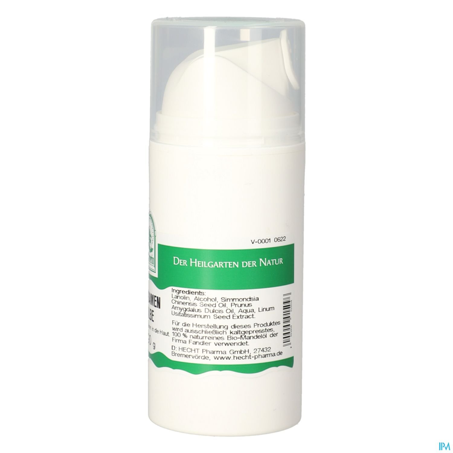 Rückansicht eines weißen Sprühfläschchens mit grüner Schrift und der Aufschrift „Der Heilgarten der Natur“.