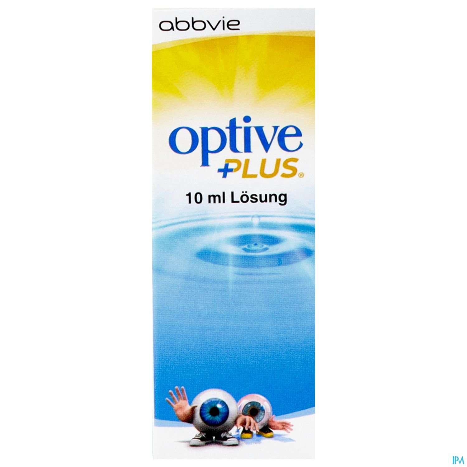 Produktverpackung von "optive PLUS" mit abgebildeten Augen und Wasseroberfläche, 10 ml Lösung.