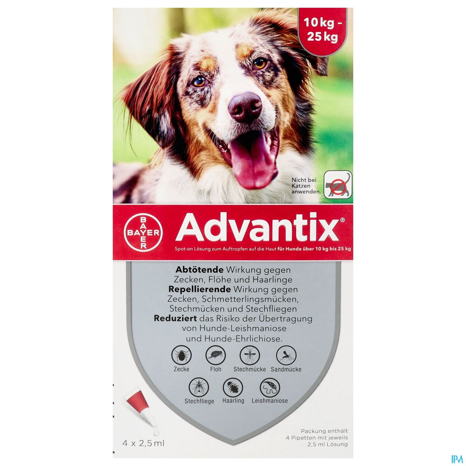 Bild einer Verpackung für das Produkt Advantix von Bayer, das Zecken- und Flohschutz für Hunde bietet.