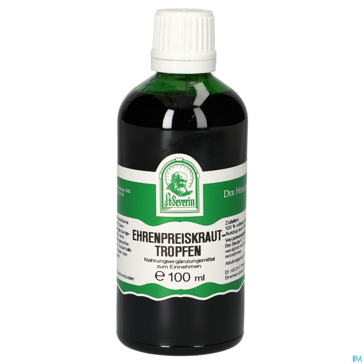 Flasche mit Ehrenpreiskraut-Tropfen, 100 ml, mit etikettierter Beschreibung und Anwendungshinweisen.