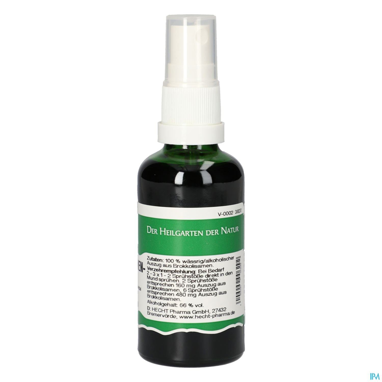 Grüne Flasche mit Sprühkopf und Etikett, beschriftet mit "Der Heilgarten der Natur" und Inhaltsstoffen.