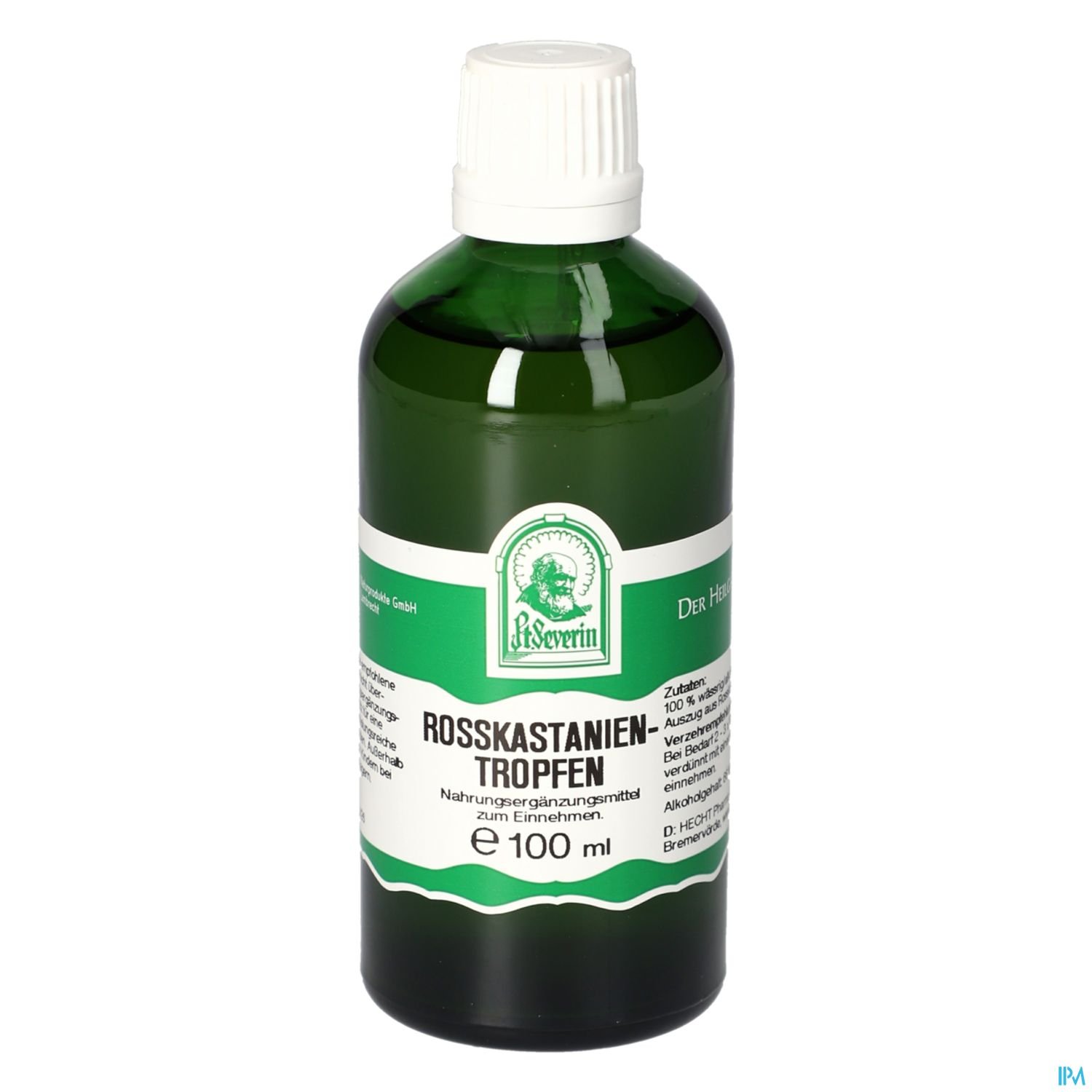 Grüne Flasche mit roten und weißen Etiketten, beschriftet mit "Rosskastanientropfen" und einem Inhalt von 100 ml.