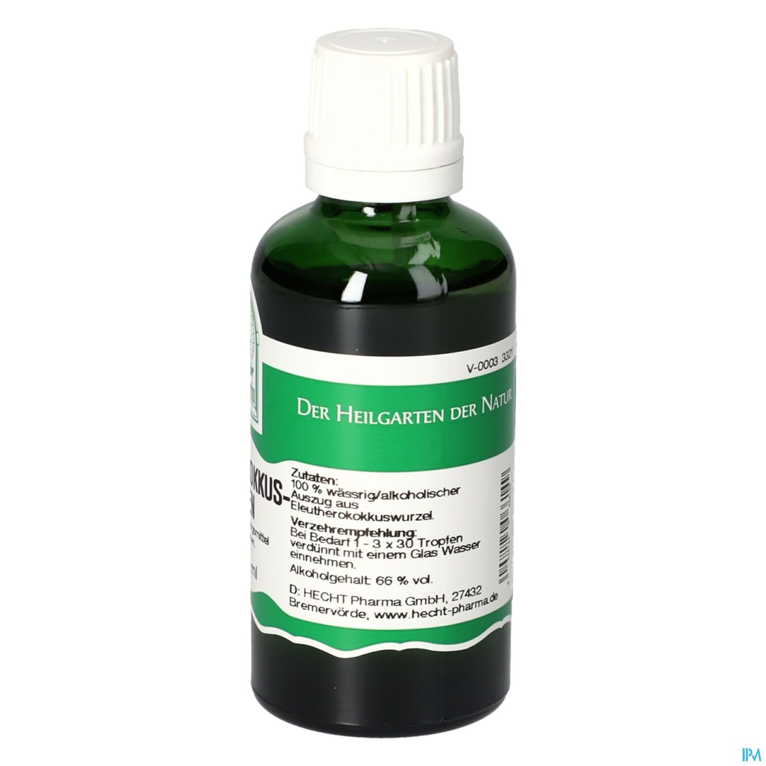 Grüne Flasche mit weißen Schraubverschluss und Etikett, das Zutaten und Anwendungshinweise für ein pflanzliches Heilmittel zeigt.