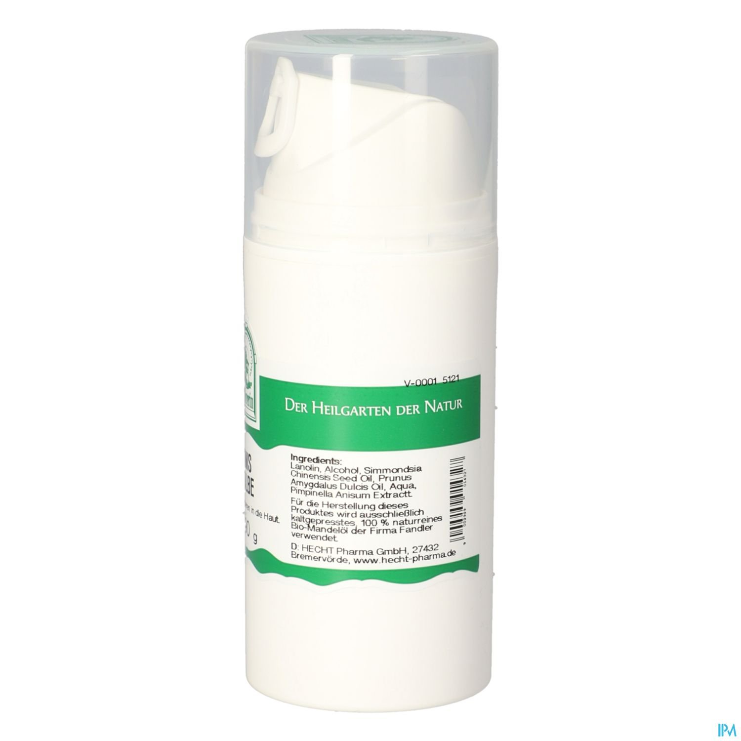 Flasche mit Pumppender und Etikett, auf dem "Der Heilgarten der Natur" steht, sowie eine Liste von Inhaltsstoffen.