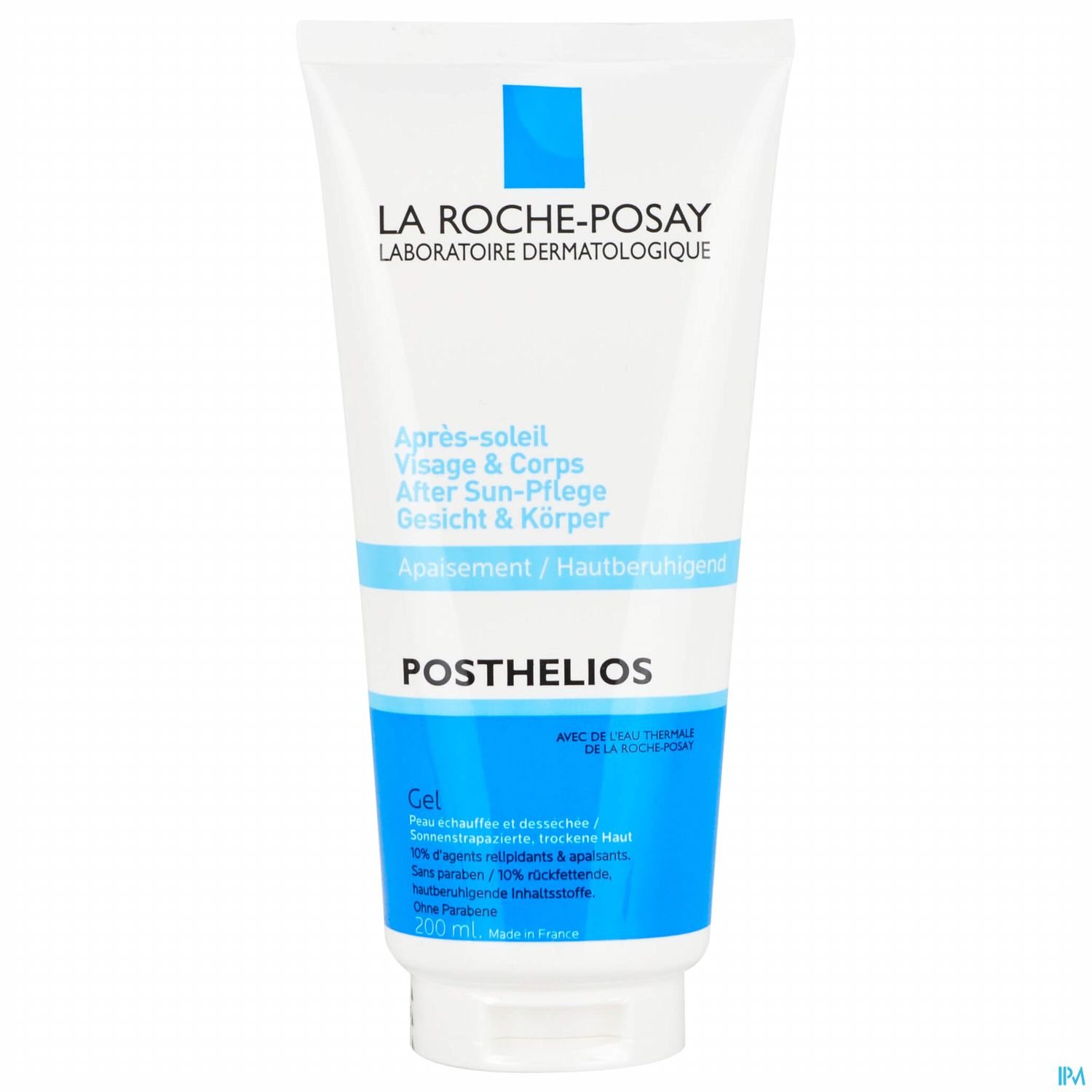 Tube mit After-Sun-Creme von La Roche-Posay, 200 ml, für Gesicht und Körper, mit der Aufschrift "POSTHELIO" und Hinweis auf Hautberuhigung.