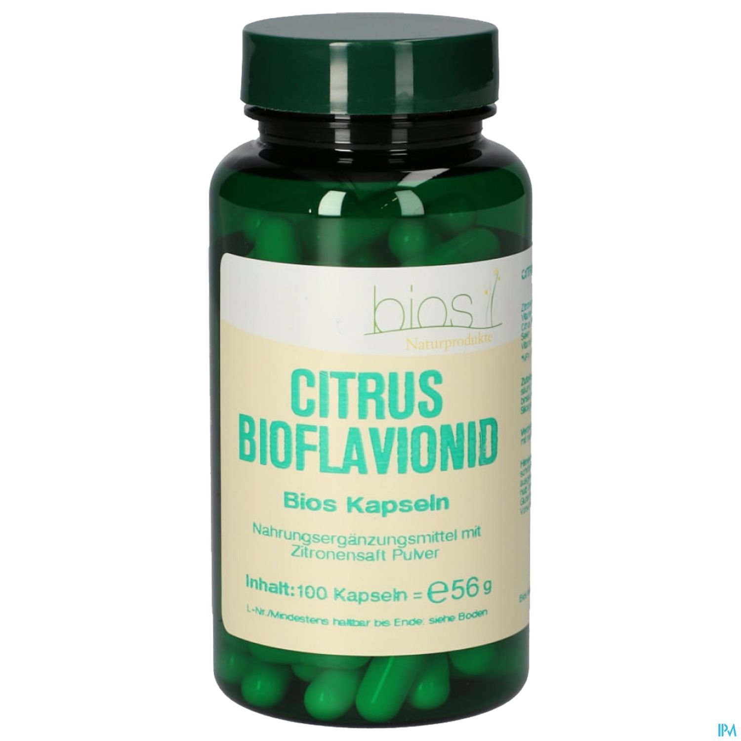 Grüne Kapseln in einer transparenten Flasche mit der Aufschrift "CITRUS BIOFLAVIONID" und "Nahrungsergänzungsmittel mit Zitronensaft Pulver".