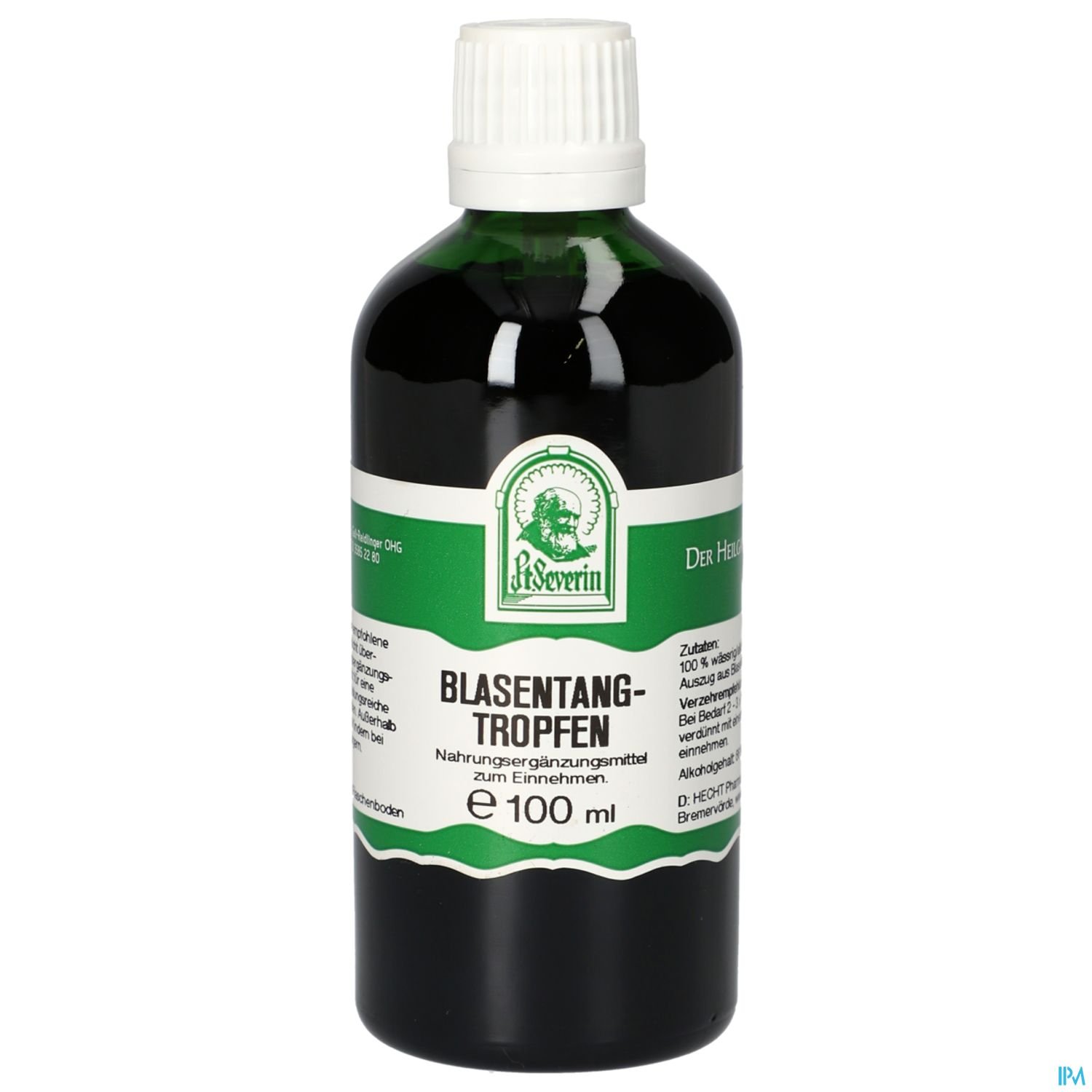 Flasche mit Blasentang-Tropfen, 100 ml, Nahrungsergänzungsmittel zum Einnehmen, grüne und schwarze Schrift auf weißem Etikett.