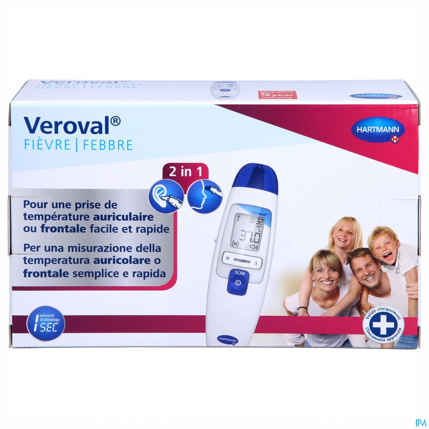 Veroval Fieberthermometer 2-in-1 Verpackung mit Abbildung eines Thermometers und lachenden Menschen.